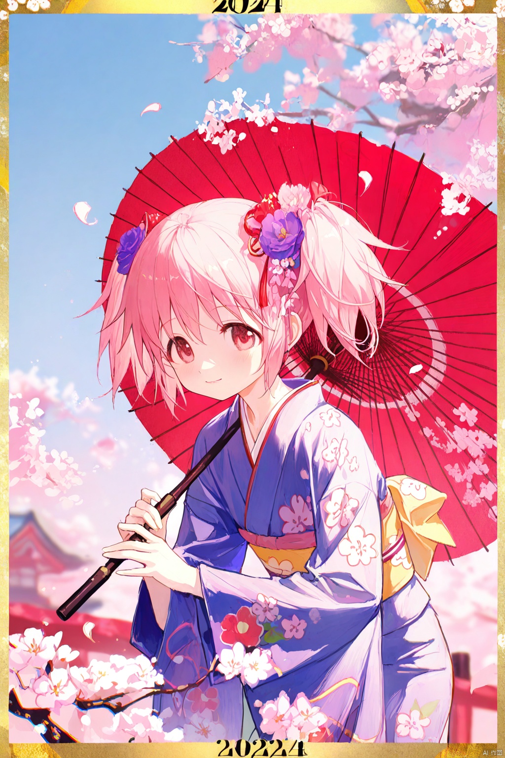 masterpiece,best quality,high quality,loli,chromatic_aberration,Light Blue Theme,
//,
1girl, kaname madoka, solo, pink hair, kimono, umbrella, japanese clothes, oil-paper umbrella, flower, holding umbrella, holding, pink eyes, blue kimono, twintails, sash, obi, obijime, cherry blossoms, looking at viewer, short twintails, pink flower, upper body, long sleeves, wide sleeves, closed mouth, hair ornament, hair flower, floral print, short hair, obiage, red umbrella, border, falling petals, petals, branch, print kimono, purple kimono, purple flower, leaning forward, outdoors, pink theme,
//,
year_2023,year_2024,
//,
official art,depth of field,detailed light,blurry background,cinematic lighting,ray tracing,
amazing quality,very aesthetic,absurdres,beast quality,ultra detailed,