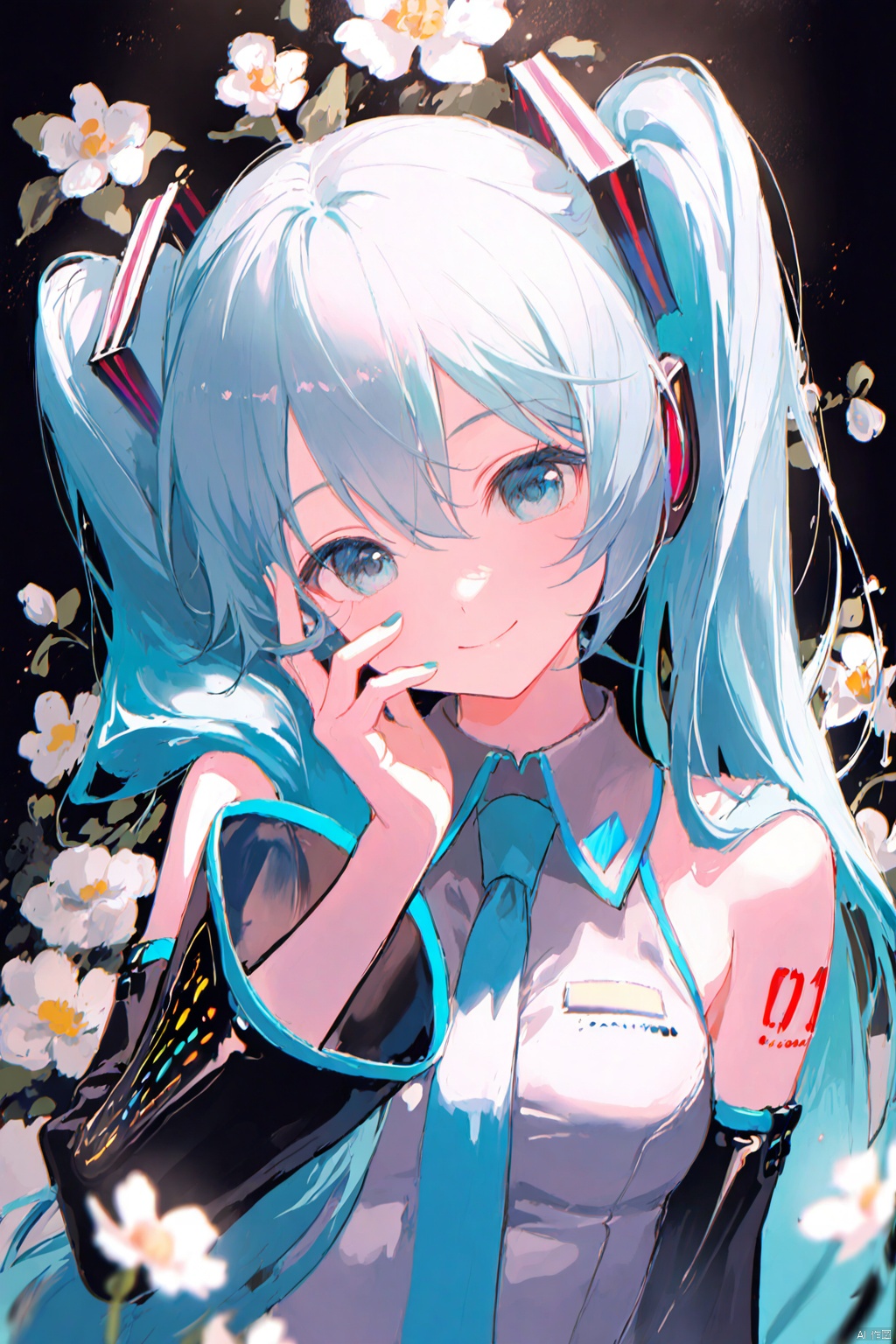 masterpiece,best quality,high quality,loli,chromatic_aberration,Light Blue Theme,
//,
1girl, solo, hatsune miku, necktie, long hair, detached sleeves, smile, shirt, upper body, looking at viewer, blue necktie, blue nails, side ponytail, sleeveless shirt, flower, grey shirt, sleeveless, blue eyes, collared shirt, hand up, aqua hair, bare shoulders, blue hair, aqua nails, closed mouth, nail polish, black sleeves, white flower, breasts, headphones, aqua eyes, medium breasts, aqua necktie, very long hair, twintails, head tilt, hair ornament, hair over shoulder, hand on own face, wide sleeves, long sleeves,
//,
year_2023,year_2024,
//,
official art,depth of field,detailed light,blurry background,cinematic lighting,ray tracing,
amazing quality,very aesthetic,absurdres,beast quality,ultra detailed,