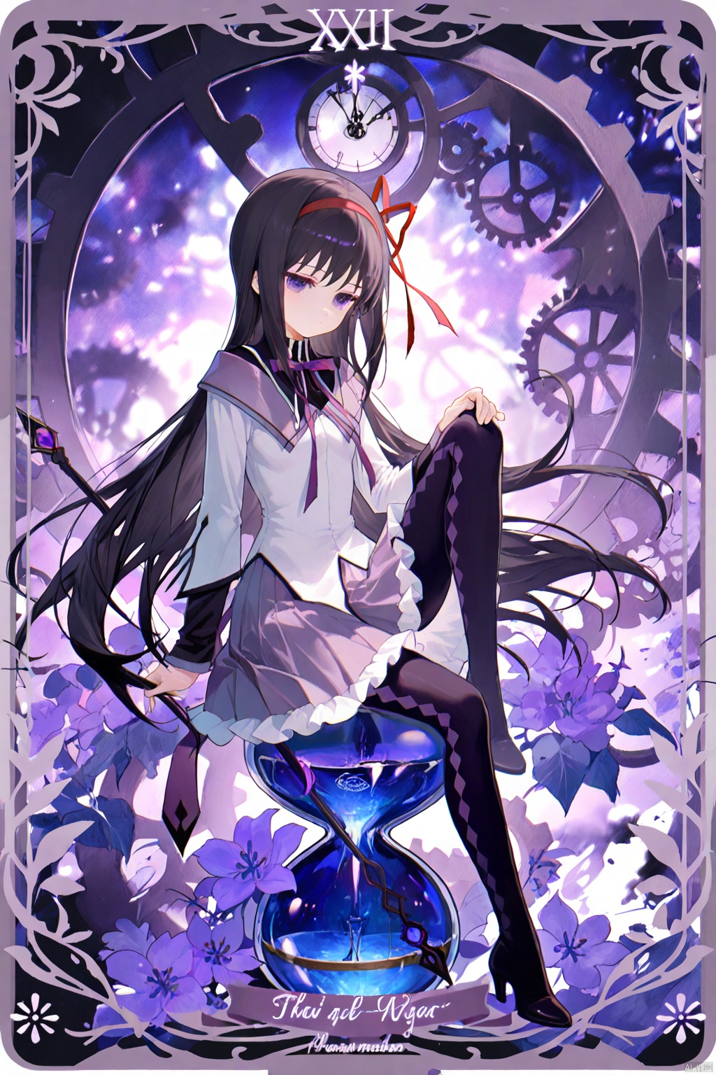 masterpiece,best quality,high quality,loli,chromatic_aberration,Light Blue Theme,
//,
akemi homura, 1girl, long hair, tarot, gears, black hair, tarot (medium), ribbon, solo, purple eyes, roman numeral, sitting, argyle legwear, skirt, pantyhose, argyle clothes, long sleeves, jacket, purple skirt, red ribbon, knee up, character name, flower, hairband, black pantyhose, white jacket, hand on own knee, full body, purple theme, magical girl, hair ribbon, card (medium), very long hair, neck ribbon, purple ribbon, purple flower, holding, closed mouth, soul gem, weapon, clock, boots, purple bowtie, frilled skirt, shirt, pleated skirt, halo, border, hourglass, bowtie, expressionless, staff, black footwear,
//,
year_2023,year_2024,
//,
official art,depth of field,detailed light,blurry background,cinematic lighting,ray tracing,
amazing quality,very aesthetic,absurdres,beast quality,ultra detailed,