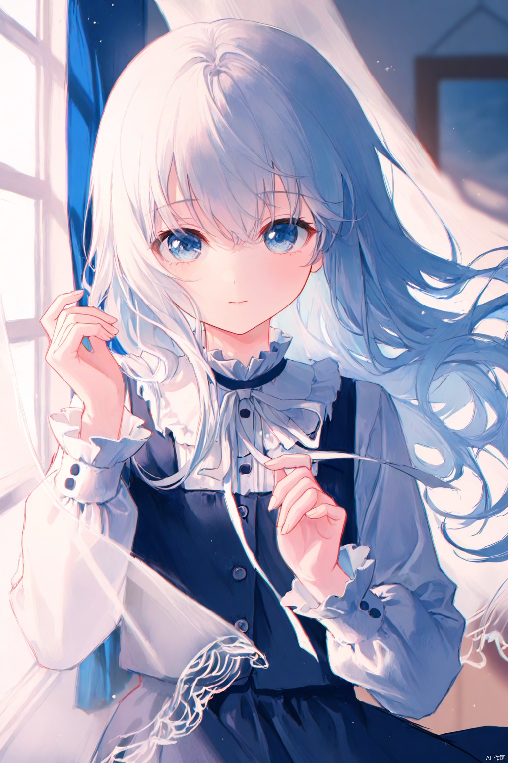 masterpiece,best quality,high quality,loli,chromatic_aberration,Light Blue Theme,
//,
1girl,solo,long_hair,window,looking_at_viewer,white_hair,ribbon,upper_body,white_theme,blurry,long_sleeves,neck_ribbon,frills,shirt,blue_eyes,blurry_background,white_ribbon,white_shirt,floating_hair,vest,depth_of_field,wind,hands_up,hair_between_eyes,fingernails,closed_mouth,sunlight,indoors,curtains,buttons,dress,blue_theme,
//,
year_2023,year_2024,
//,
official art,depth of field,detailed light,blurry background,cinematic lighting,ray tracing,
amazing quality,very aesthetic,absurdres,beast quality,ultra detailed,