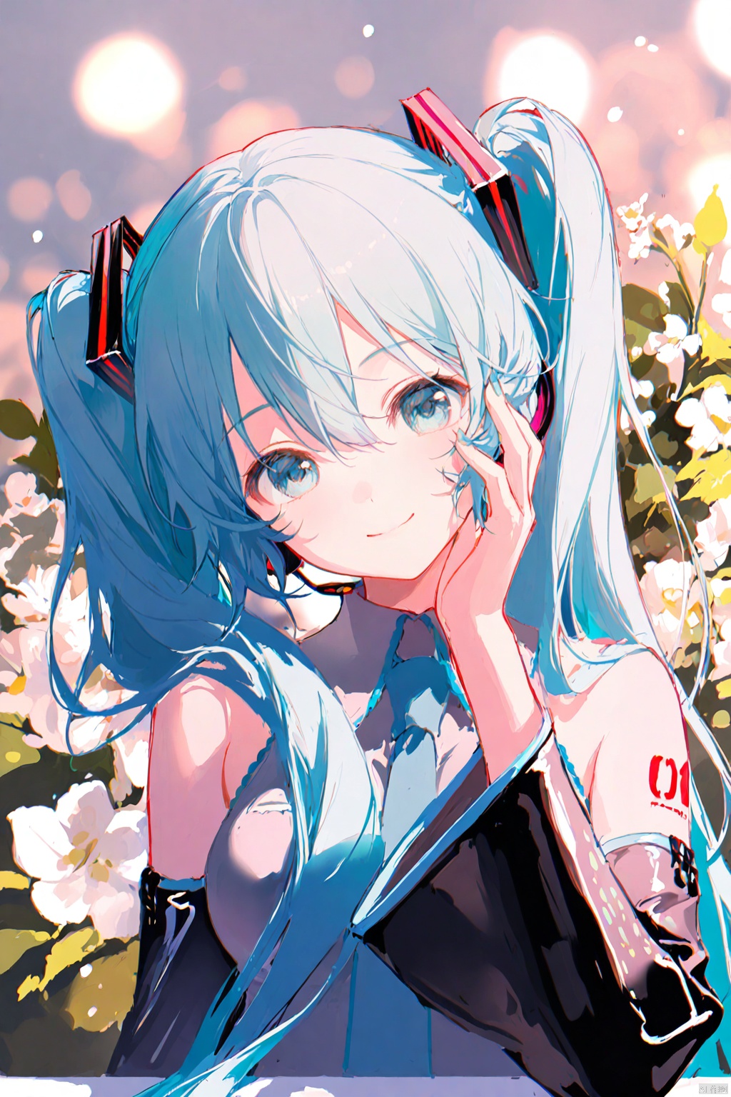 masterpiece,best quality,high quality,loli,chromatic_aberration,Light Blue Theme,
//,
1girl, solo, hatsune miku, necktie, long hair, detached sleeves, smile, shirt, upper body, looking at viewer, blue necktie, blue nails, side ponytail, sleeveless shirt, flower, grey shirt, sleeveless, blue eyes, collared shirt, hand up, aqua hair, bare shoulders, blue hair, aqua nails, closed mouth, nail polish, black sleeves, white flower, breasts, headphones, aqua eyes, medium breasts, aqua necktie, very long hair, twintails, head tilt, hair ornament, hair over shoulder, hand on own face, wide sleeves, long sleeves,
//,
year_2023,year_2024,
//,
official art,depth of field,detailed light,blurry background,cinematic lighting,ray tracing,
amazing quality,very aesthetic,absurdres,beast quality,ultra detailed,