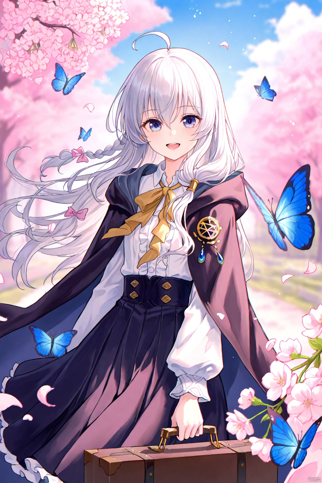 masterpiece,best quality,high quality,loli,chromatic_aberration,Light Blue Theme,
//,
1girl,butterfly,elaina (majo no tabitabi),bug,shirt,solo,white hair,white shirt,outdoors,skirt,long hair,smile,tree,cover image,braid,flower,cloak,ahoge,blue butterfly,blue skirt,open mouth,holding,looking at viewer,bow,collared shirt,teeth,blush,hood,long sleeves,suitcase,hooded cape,day,upper teeth only,hood down,hair between eyes,petals,blue eyes,sky,high-waist skirt,blue sky,black cloak,hooded cloak,purple eyes,ribbon,black cape,cherry blossoms,:d,falling petals,standing,pink flower,cloud,shirt tucked in,cape,cowboy shot,white bow,blue cloak,holding suitcase,hair bow,novel cover,white flower,side braid,single braid,
//,
year_2023,year_2024,
//,
official art,depth of field,detailed light,blurry background,cinematic lighting,ray tracing,
amazing quality,very aesthetic,absurdres,beast quality,ultra detailed,