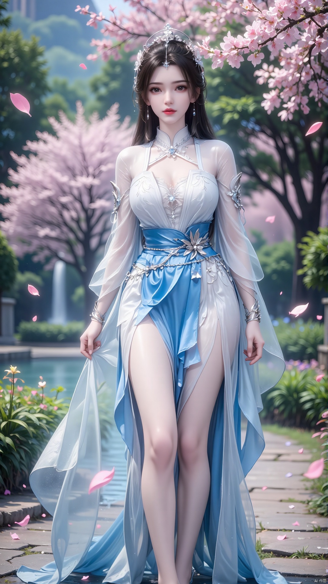 Xianni,Li Muwan,close up of a Extremely beautiful long hair woman named Li Muwan wearing blue and white dress,wet ground,Selective focusing,highly detailed,ultra-high resolutions,32K UHD,best quality,masterpiece,front view,looking_at_viewer,