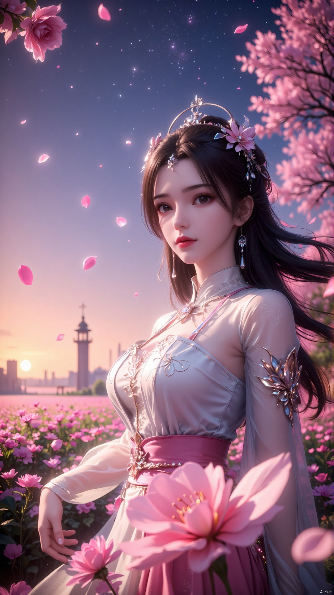 SLR Quality,Depth of field ,looking_at_viewer,Dynamic pose, , kind smile,1girl , 8k resolution, Masterpiece quality, High detail. from below, Fantasy theme, cropped. {(1 girl:1.5),(close to viewer:1.8), ((looking at viewer:2), beautiful face, ), ((worm's eye shot:1.2)),perspective distortion}, (Panoramic view, fisheye lens effect:1.1). {(Strong backlighting, underexposure:1.4), (blocked shadows:0.8), depth of field(at 100mm focal length:1.2)}, (horizon:0.7), low key earth. the starry sky feathering into the background, creating a sense of depth and gradient. Incorporating Droste Effect(an endless repetition and reflection:1.2). Surrounded by fluttering rose petals, reflected or casting dramatic shadows and highlights, {(meteor shower, planets:1.1), (Vermilion Comet:1.3)}. mesmerizing effect, a dreamlike ambiance of infinity. A vortex of rose petals, a starry sky vortex, , as, vortex。