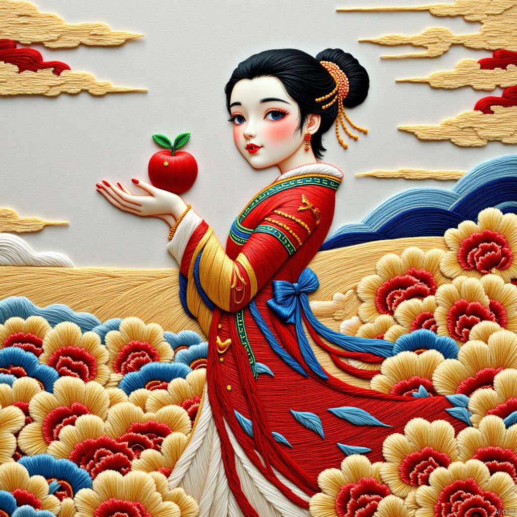 #style: 22k9v1z,  a girl with black hair and blue eyes holding an apple in her hand,  surrounded by red and yellow flower...