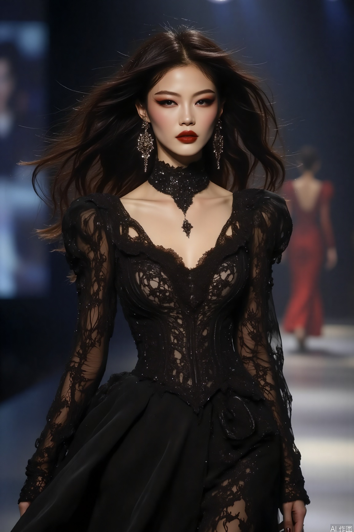A woman in gothic dress,black dress,solo,makeup,fashion show stage,blurry background,Dark-styled,Oriental Aesthetics