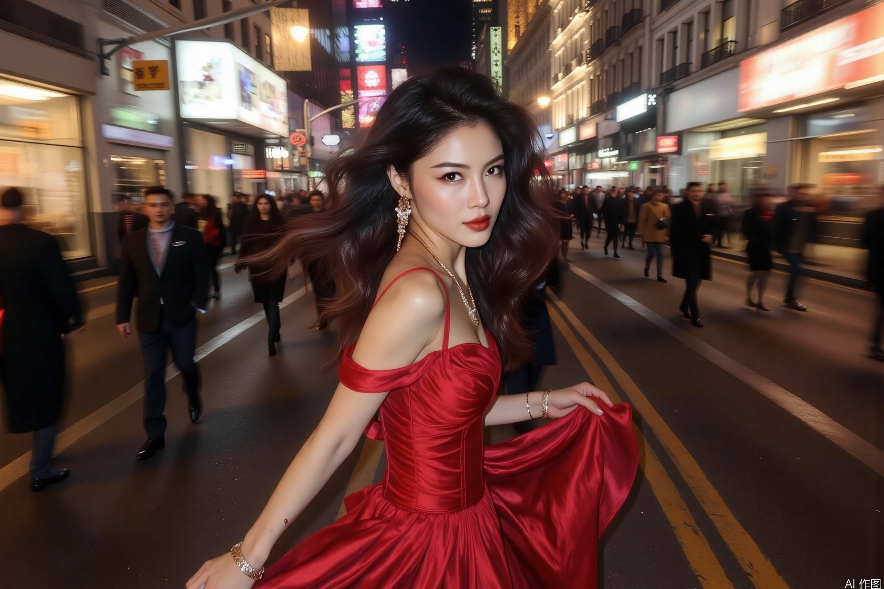 On the bustling streets of Fifth Avenue in New York, a sexy woman in a red dress is walking gracefully. Her elegant figure and the red skirt fluttering in the wind contrast sharply with the neon lights and the colorful night scene around her. Using a Sony A7M3 camera with an 85mm f/1.4 lens, aperture f/1.8, shutter speed 1/100 second, ISO 320, and high-contrast color tones to capture her charming allure, making her the focal point of the image.dynamically blurred background,Quick movement of people,Motion blur effect,necklace
