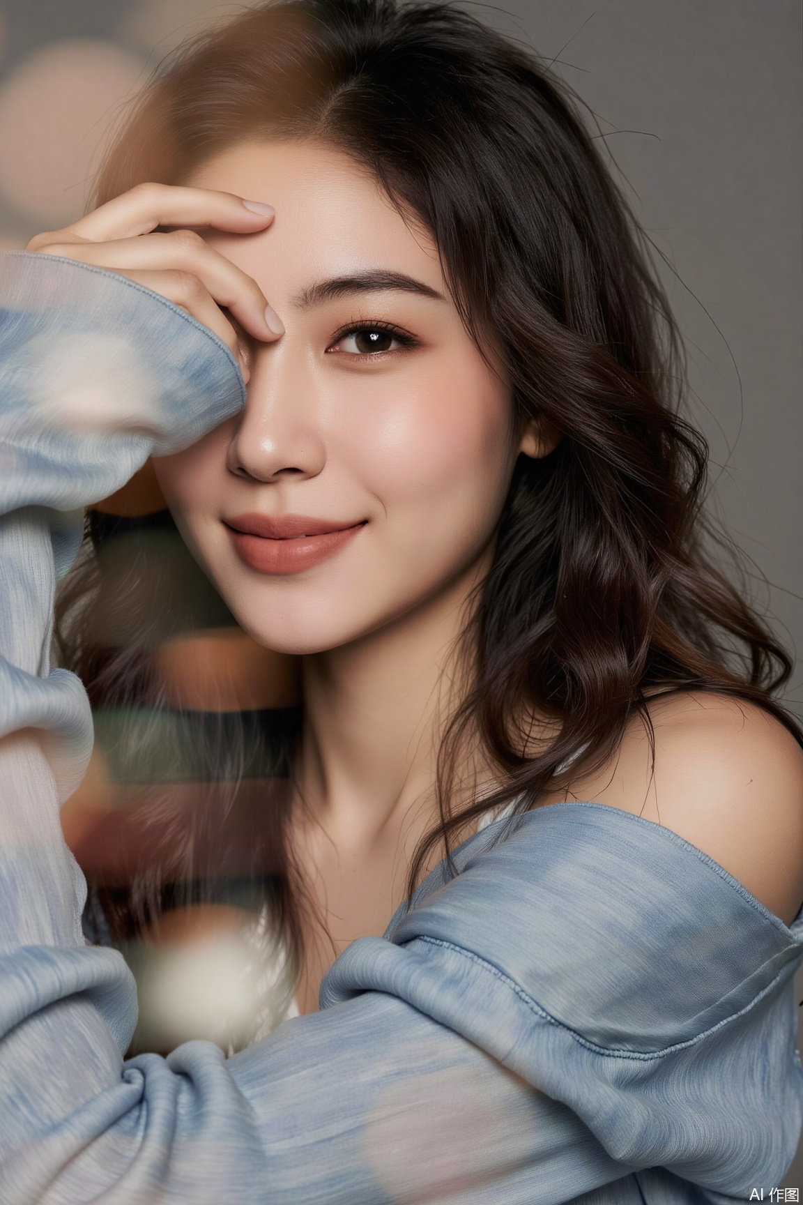 plns, The woman gently covers her forehead with her sleeve. Her eyes are bright and smiling, and her hair is scattered casually. Against the stable - toned background, she presents a casual and vivid beauty., portrait,double-exposure,vivid color