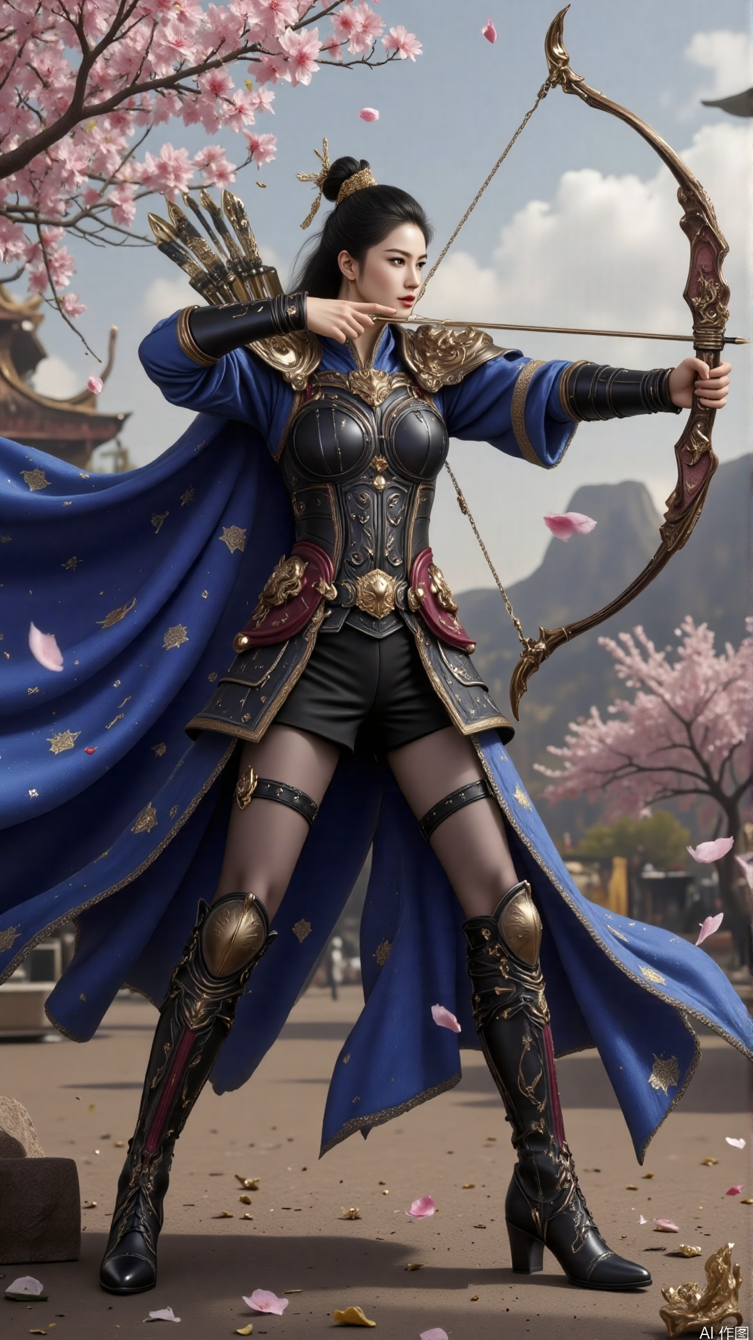 The female warrior of the Three Kingdoms is imposing, her armor adorned with mysterious runes. Her black stockings and embossed combat boots complement her heroic posture as she draws her bow with unwavering determination. The battlefield is filled with flying arrows, captured by a Nikon D850 with an aperture of f/5.6, shutter speed of 1/1000s, and ISO 100. The cool tone is enhanced with arrow trajectory effects, highlighting the tension and intensity of the battlefield.,plns_high heels,Cherry blossoms,cyborg insects