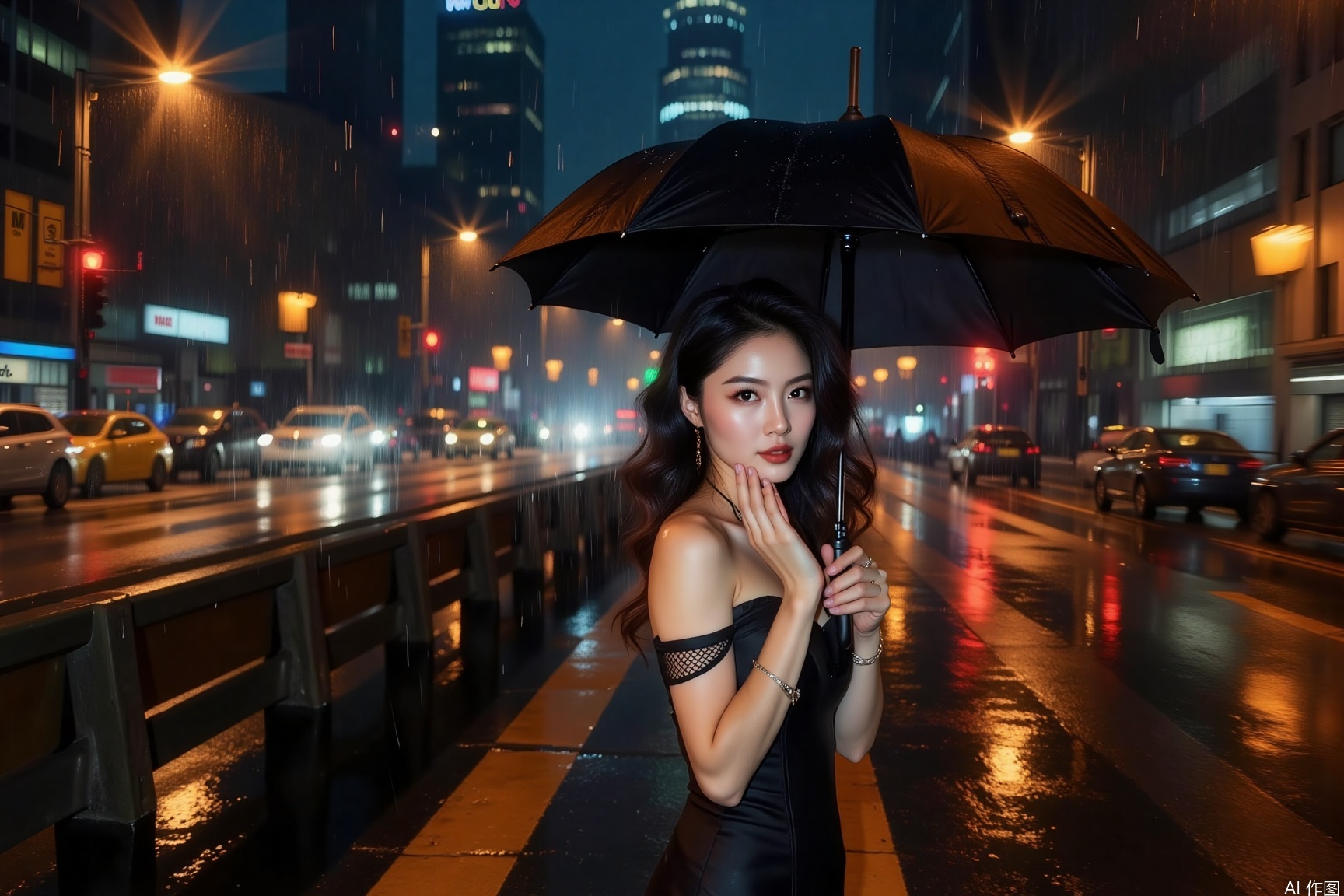 On a rainy night overpass, streetlights blur into warm halos through the downpour. a woman dressed in a black strapless short dress holds a black umbrella in her right hand and gently touches her cheek with her left hand, exuding an elegant and contemplative aura. She wears a black mesh strap decoration on her right arm, adding a touch of fashion and sophistication.neon skyscrapers glowing in the distance—creating an ambiguous, lonely allure in the wet urban haze.,motion blur effect,dynamically blurred background,vivid color