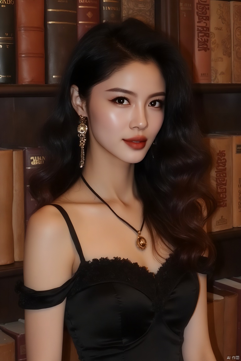 **Clothing**: She is wearing an elegant black silk dress with delicate lace trim at the neckline.  
**Scene**: She stands in a classical library, surrounded by walls of ancient books and soft lighting.  
**Art/Photography Style**: Classic portrait photography style, emphasizing delicate skin texture and deep eyes.  
**Professional Equipment Parameters**: 85mm f/1.4 lens, wide aperture, ISO 100, shutter speed 1/125s.  
**Tone/Effects**: Warm brown tone with slight film grain effect, creating a vintage atmosphere.