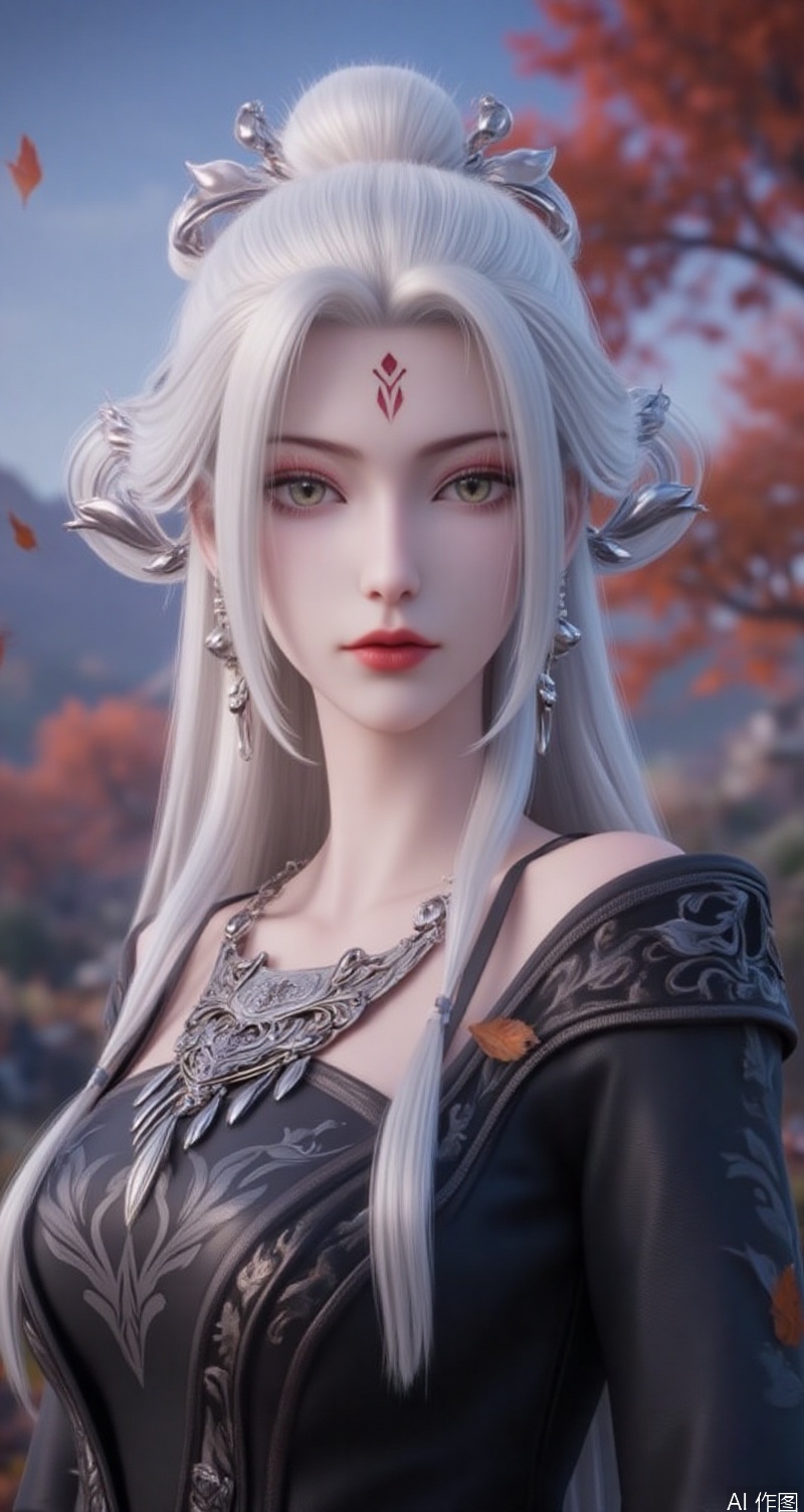lvjing,baoshi,xiaobai,jewelry,earrings,white hair,long hair,light pink eye shadow,green eyes,forehead mark,hair ornament,facial mark,red lips,1girl,long hair,solo,sky,forehead mark,leaf,breasts,facial mark,outdoors,white hair,black dress,tree,looking at viewer,dress,blurry,autumn leaves,cover,simple background,gradient_background,Close-up details,outstanding style,adding a touch of dimension to your images without compromising details,close-up,