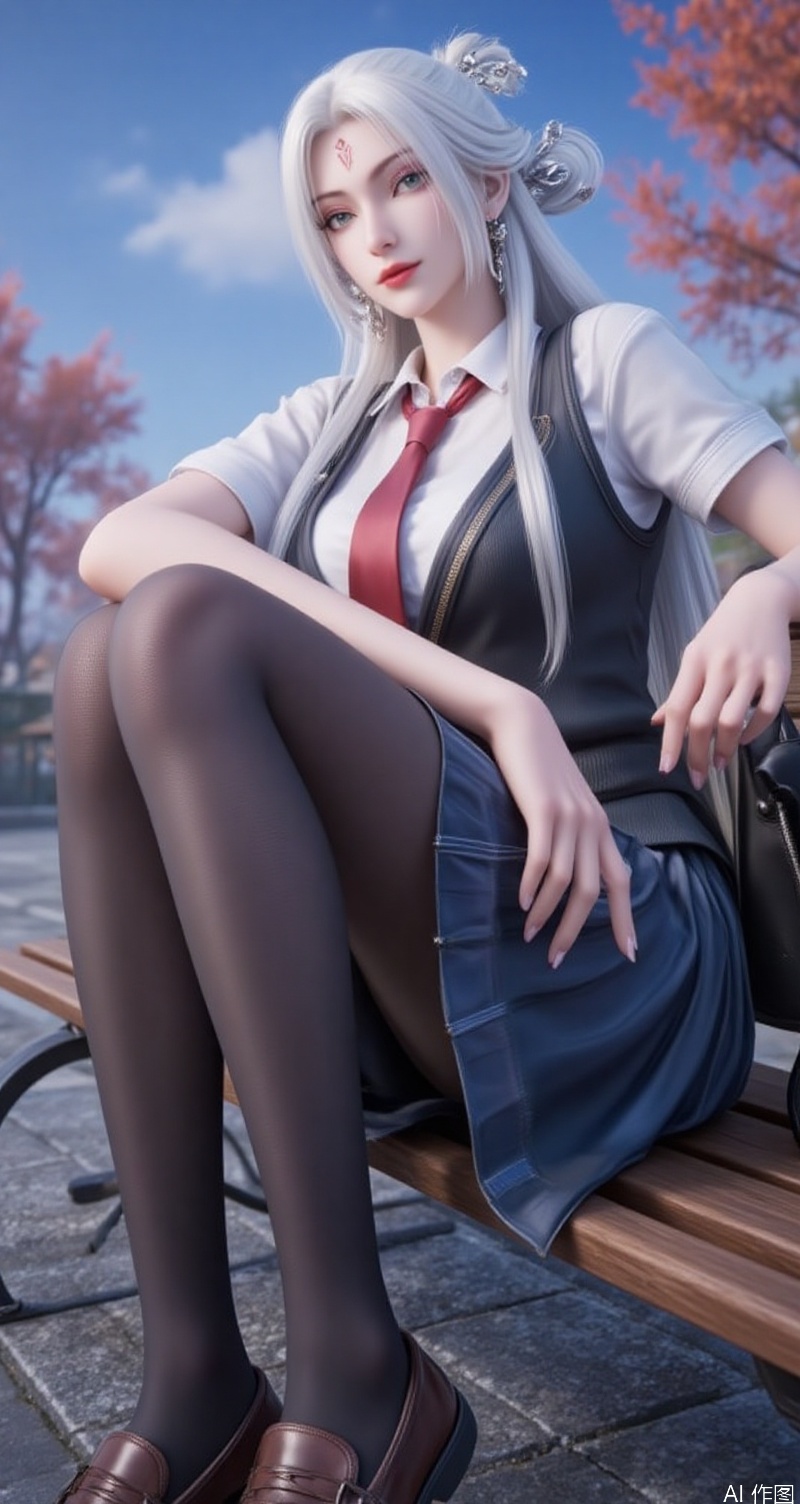 lvjing,baoshi,xiaobai,jewelry,earrings,white hair,long hair,light pink eye shadow,green eyes,forehead mark,facial mark,red lips,1girl,long hair,solo,black hair,pantyhose,train station,necktie,skirt,sitting,hair ornament,hairclip,school uniform,bench,red necktie,shoes,pleated skirt,loafers,shirt,day,white shirt,black pantyhose,looking at viewer,tree,blue eyes,blue skirt,short sleeves,outdoors,bag,sweater vest,closed mouth,cloud,blush,sky,smile,blue sky,brown footwear,9,cover,simple background,gradient background,close-up details,outstanding style,adding a touch of dimension to your images without compromising details,close-up,