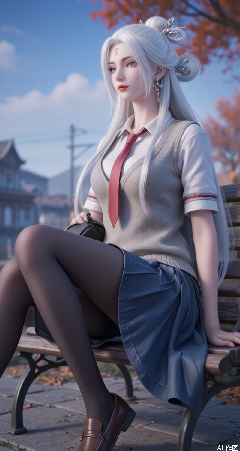lvjing,baoshi,xiaobai,jewelry,earrings,white hair,long hair,light pink eye shadow,green eyes,forehead mark,facial mark,red lips,1girl,long hair,solo,black hair,pantyhose,train station,necktie,skirt,sitting,hair ornament,hairclip,school uniform,bench,red necktie,shoes,pleated skirt,loafers,shirt,day,white shirt,black pantyhose,looking at viewer,tree,blue eyes,blue skirt,short sleeves,outdoors,bag,sweater vest,closed mouth,cloud,blush,sky,smile,blue sky,brown footwear,9,cover,simple background,gradient background,close-up details,outstanding style,adding a touch of dimension to your images without compromising details,close-up,