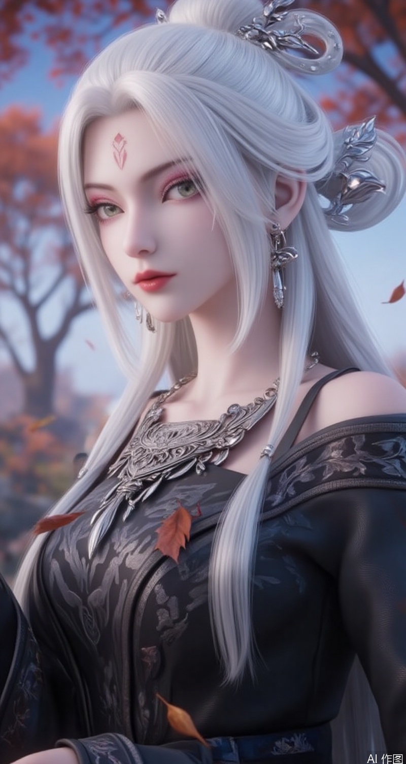 lvjing,baoshi,xiaobai,jewelry,earrings,white hair,long hair,light pink eye shadow,green eyes,forehead mark,hair ornament,facial mark,red lips,1girl,long hair,solo,sky,forehead mark,leaf,breasts,facial mark,outdoors,white hair,black dress,tree,looking at viewer,dress,blurry,autumn leaves,cover,simple background,gradient_background,Close-up details,outstanding style,adding a touch of dimension to your images without compromising details,close-up,