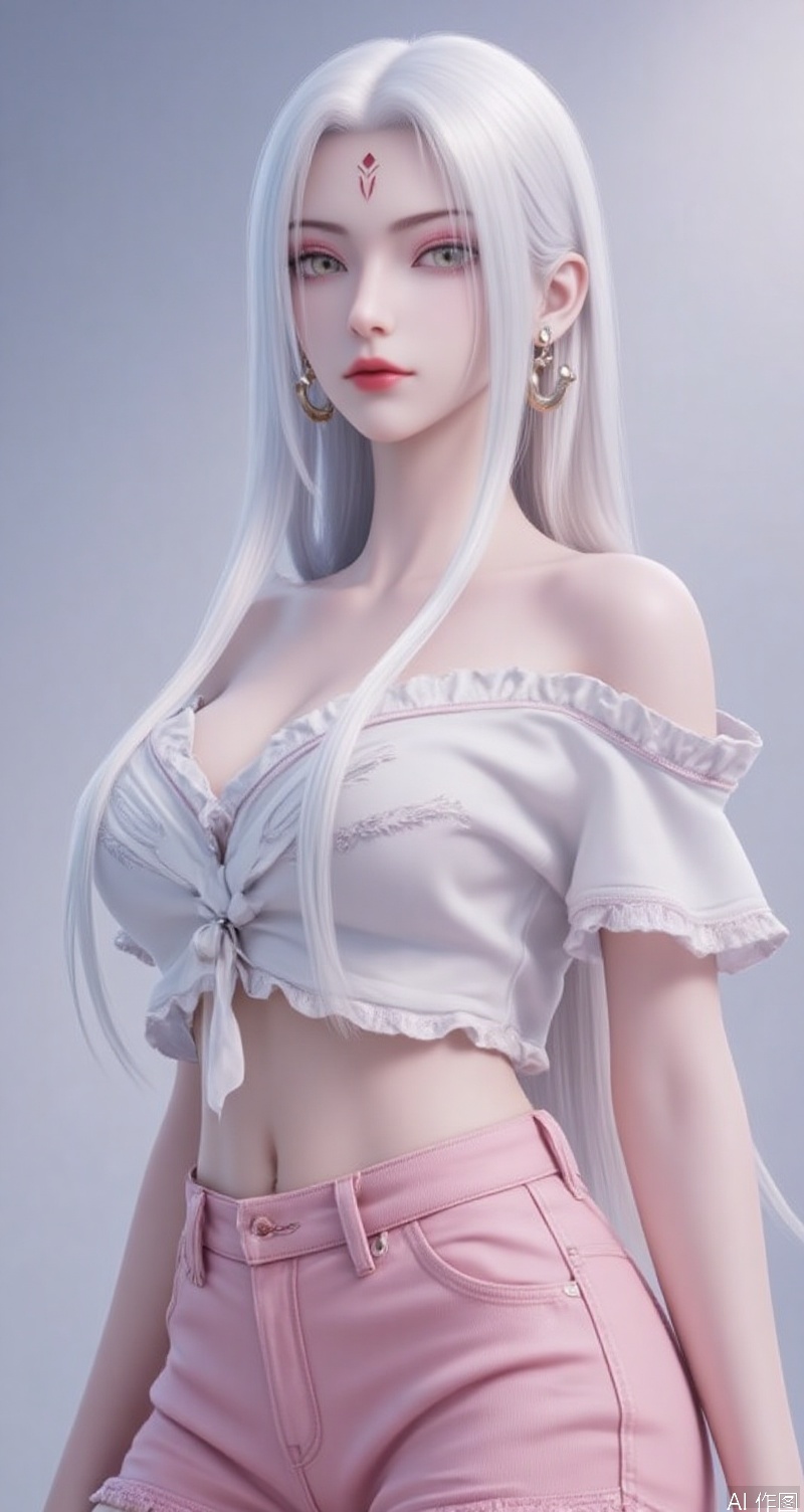 lvjing,baoshi,xiaobai,jewelry,earrings,white hair,long hair,light pink eye shadow,green eyes,forehead mark,facial mark,red lips,1girl,jewelry,earrings,boa hancock,shorts,breasts,pink shorts,crop top,looking at viewer,frilled shirt,solo,bare shoulders,cowboy shot,lips,midriff,shirt,collarbone,navel,closed mouth,white shirt,standing,frills,high-waist shorts,off-shoulder shirt,hoop earrings,forehead,short sleeves,head tilt,realistic,contrapposto,cover,simple background,gradient_background,Close-up details,outstanding style,adding a touch of dimension to your images without compromising details,close-up,