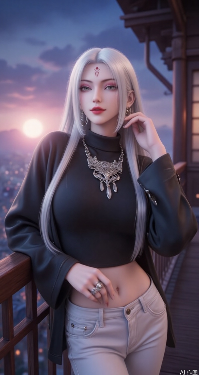 lvjing,baoshi,xiaobai,jewelry,earrings,white hair,long hair,light pink eye shadow,green eyes,forehead mark,facial mark,red lips,1girl,jewelry,solo,midriff,earrings,crop top,navel,breasts,pants,looking at viewer,white pants,railing,sky,necklace,ring,window,cloud,long sleeves,against railing,sunset,black shirt,standing,large breasts,cropped shirt,indoors,head tilt,turtleneck,cropped sweater,shirt,smile,stomach,evening,hand in pocket,hoop earrings,simple background,gradient_background,Close-up details,outstanding style,adding a touch of dimension to your images without compromising details,close-up,lvjing,colorful,