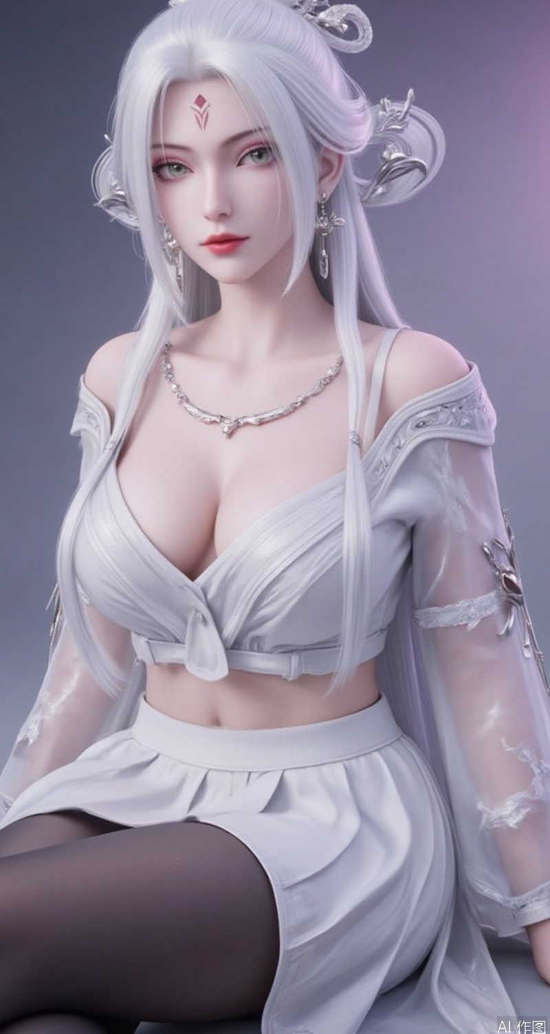 lvjing,baoshi,xiaobai,jewelry,earrings,white hair,long hair,light pink eye shadow,green eyes,forehead mark,hair ornament,facial mark,red lips,1girl,boa hancock,breasts,solo,skirt,jewelry,navel,earrings,sitting,cleavage,pantyhose,white skirt,looking at viewer,large breasts,forehead,midriff,black pantyhose,crop top,pleated skirt,lips,long sleeves,closed mouth,collarbone,thighs,white shirt,simple background,see-through,parted bangs,bangs,stomach,cover,simple background,gradient_background,Close-up details,outstanding style,adding a touch of dimension to your images without compromising details,close-up,