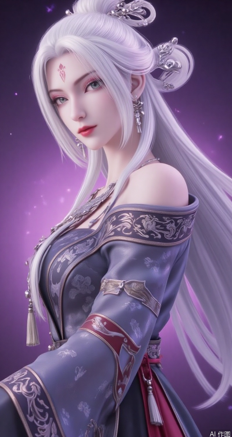 lvjing,baoshi,xiaobai,jewelry,earrings,white hair,long hair,green eyes,forehead mark,hair ornament,facial mark,red lips,1girl,jewelry,earrings,solo,looking at viewer,dress,tassel,simple background,purple background,upper body,from side,tassel earrings,chinese clothes,forehead,lips,breasts,eyelashes,parted bangs,cover,simple background,gradient_background,Close-up details,outstanding style,adding a touch of dimension to your images without compromising details,close-up,