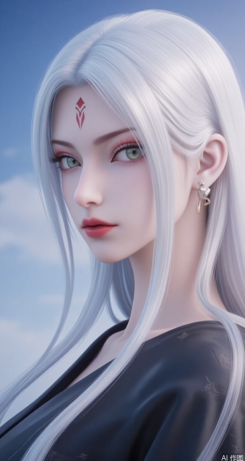 lvjing,baoshi,xiaobai,1girl,solo,long hair,green eyes,lips,white hair,looking at viewer,forehead mark,facial mark,portrait,red lips,sky,close-up,cover,japanese kimono,simple background,gradient_background,Close-up details,outstanding style,adding a touch of dimension to your images without compromising details,close-up,