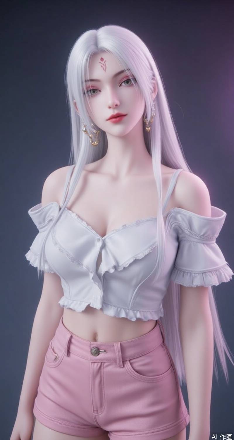 lvjing,baoshi,xiaobai,jewelry,earrings,white hair,long hair,light pink eye shadow,green eyes,forehead mark,facial mark,red lips,1girl,jewelry,earrings,boa hancock,shorts,breasts,pink shorts,crop top,looking at viewer,frilled shirt,solo,bare shoulders,cowboy shot,lips,midriff,shirt,collarbone,navel,closed mouth,white shirt,standing,frills,high-waist shorts,off-shoulder shirt,hoop earrings,forehead,short sleeves,head tilt,realistic,contrapposto,cover,simple background,gradient_background,Close-up details,outstanding style,adding a touch of dimension to your images without compromising details,close-up,