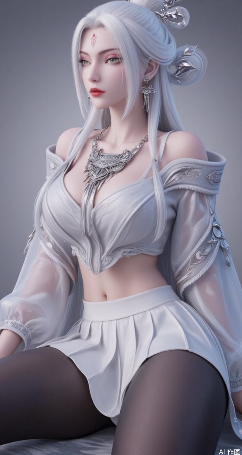 lvjing,baoshi,xiaobai,jewelry,earrings,white hair,long hair,light pink eye shadow,green eyes,forehead mark,hair ornament,facial mark,red lips,1girl,boa hancock,breasts,solo,skirt,jewelry,navel,earrings,sitting,cleavage,pantyhose,white skirt,looking at viewer,large breasts,forehead,midriff,black pantyhose,crop top,pleated skirt,lips,long sleeves,closed mouth,collarbone,thighs,white shirt,simple background,see-through,parted bangs,bangs,stomach,cover,simple background,gradient_background,Close-up details,outstanding style,adding a touch of dimension to your images without compromising details,close-up,
