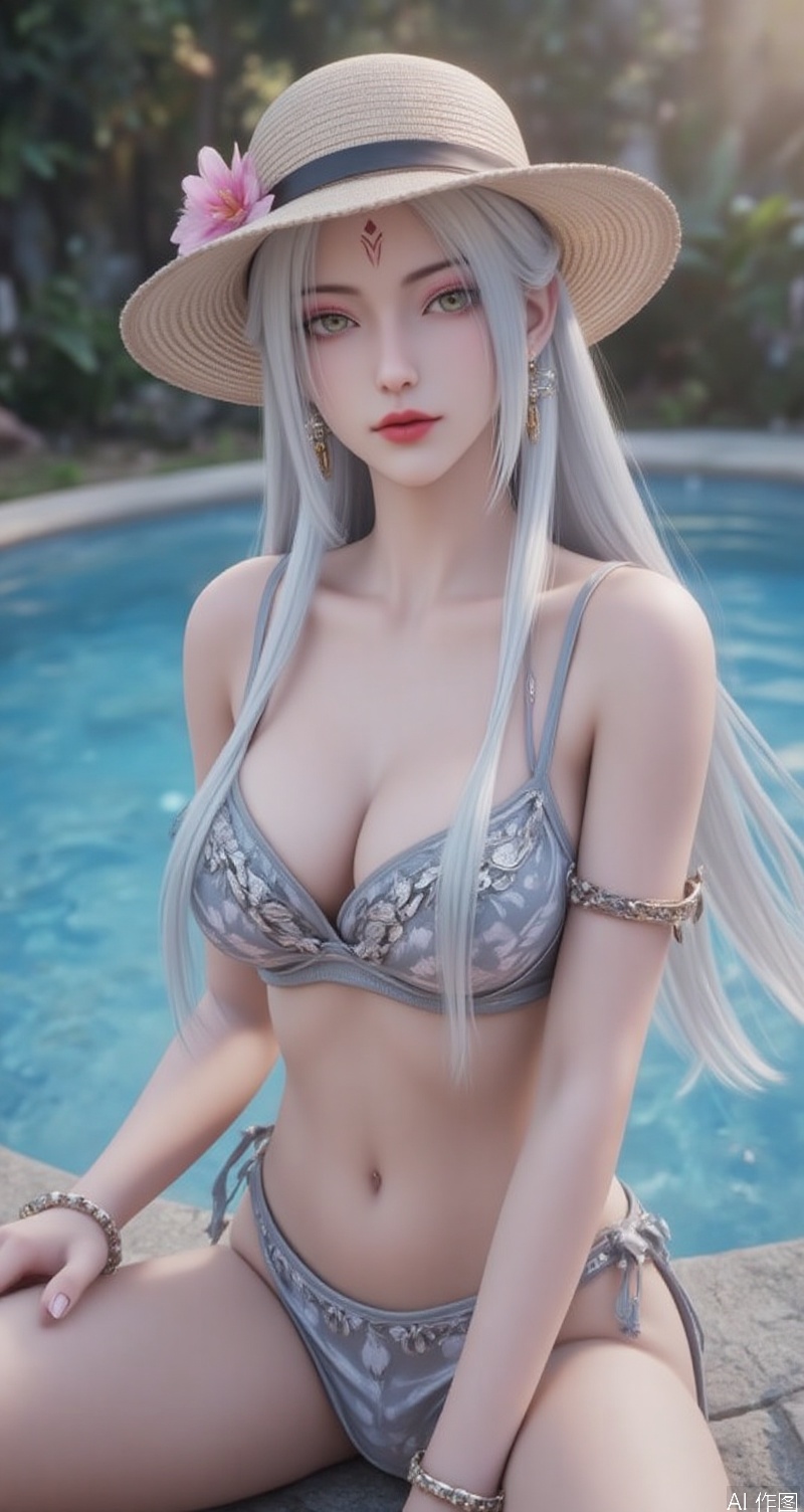 lvjing,baoshi,xiaobai,jewelry,earrings,white hair,long hair,light pink eye shadow,green eyes,forehead mark,facial mark,red lips,1girl,hat,jewelry,breasts,solo,innertube,bracelet,flower,shorts,earrings,pool,looking at viewer,swimsuit,water,bikini,blurry,sun hat,hat flower,navel,sitting,blurry background,cleavage,collarbone,medium breasts,lips,outdoors,straw hat,bare shoulders,nail polish,cover,simple background,gradient background,close-up details,outstanding style,adding a touch of dimension to your images without compromising details,close-up,