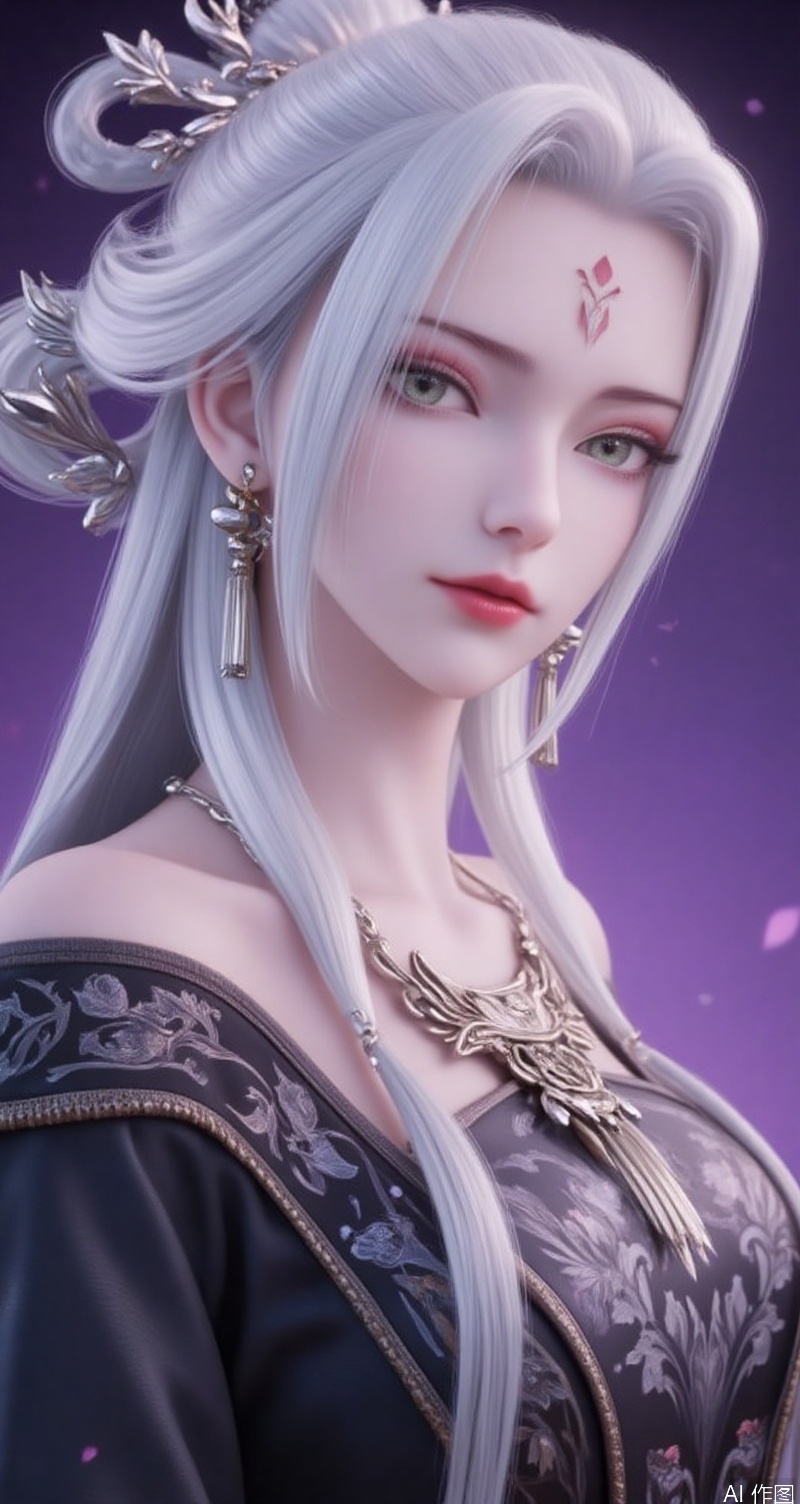 lvjing,baoshi,xiaobai,jewelry,earrings,white hair,long hair,green eyes,forehead mark,hair ornament,facial mark,red lips,1girl,jewelry,earrings,solo,looking at viewer,dress,tassel,simple background,purple background,upper body,from side,tassel earrings,chinese clothes,forehead,lips,breasts,eyelashes,parted bangs,cover,simple background,gradient_background,Close-up details,outstanding style,adding a touch of dimension to your images without compromising details,close-up,