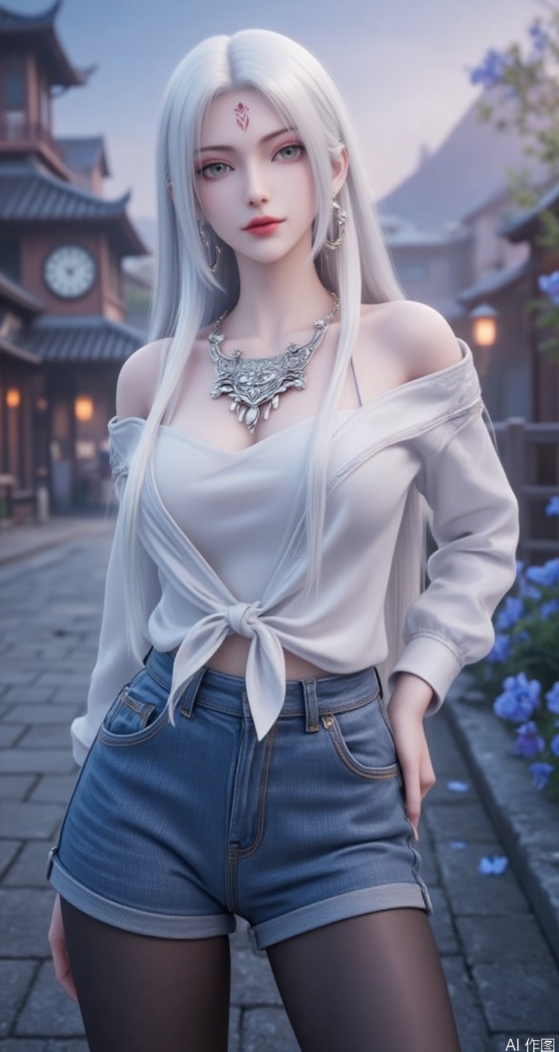 lvjing,baoshi,xiaobai,jewelry,earrings,white hair,long hair,light pink eye shadow,green eyes,forehead mark,facial mark,red lips,1girl,solo,pantyhose,jewelry,shorts,earrings,shirt,looking at viewer,outdoors,white shirt,standing,long sleeves,hoop earrings,flower,breasts,black pantyhose,day,denim shorts,denim,building,blue shorts,collarbone,closed mouth,architecture,clock,blue flower,high-waist shorts,short shorts,shirt tucked in,cover,simple background,gradient_background,Close-up details,outstanding style,adding a touch of dimension to your images without compromising details,close-up,lvjing,colorful,