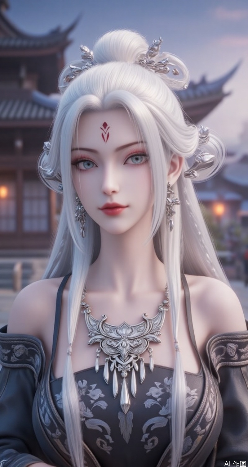 lvjing,baoshi,xiaobai,1girl,jewelry,earrings,blurry background,white hair,blurry,solo,long hair,forehead mark,hair ornament,upper body,facial mark,bare shoulders,red lips,outdoors,dress,architecture,looking at viewer,cover,simple background,gradient_background,Close-up details,outstanding style,adding a touch of dimension to your images without compromising details,close-up,