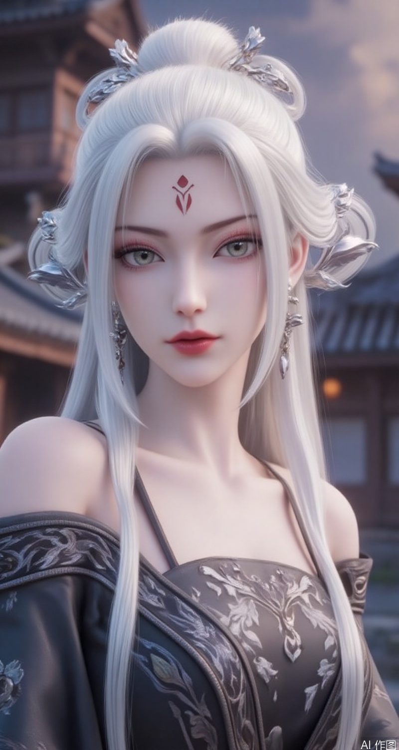 lvjing,baoshi,xiaobai,1girl,jewelry,earrings,blurry background,white hair,blurry,solo,long hair,forehead mark,hair ornament,upper body,facial mark,bare shoulders,red lips,outdoors,dress,architecture,looking at viewer,cover,simple background,gradient_background,Close-up details,outstanding style,adding a touch of dimension to your images without compromising details,close-up,