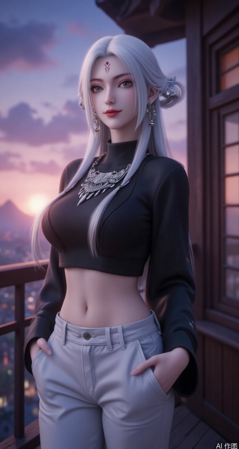 lvjing,baoshi,xiaobai,jewelry,earrings,white hair,long hair,light pink eye shadow,green eyes,forehead mark,facial mark,red lips,1girl,jewelry,solo,midriff,earrings,crop top,navel,breasts,pants,looking at viewer,white pants,railing,sky,necklace,ring,window,cloud,long sleeves,against railing,sunset,black shirt,standing,large breasts,cropped shirt,indoors,head tilt,turtleneck,cropped sweater,shirt,smile,stomach,evening,hand in pocket,hoop earrings,simple background,gradient_background,Close-up details,outstanding style,adding a touch of dimension to your images without compromising details,close-up,lvjing,colorful,