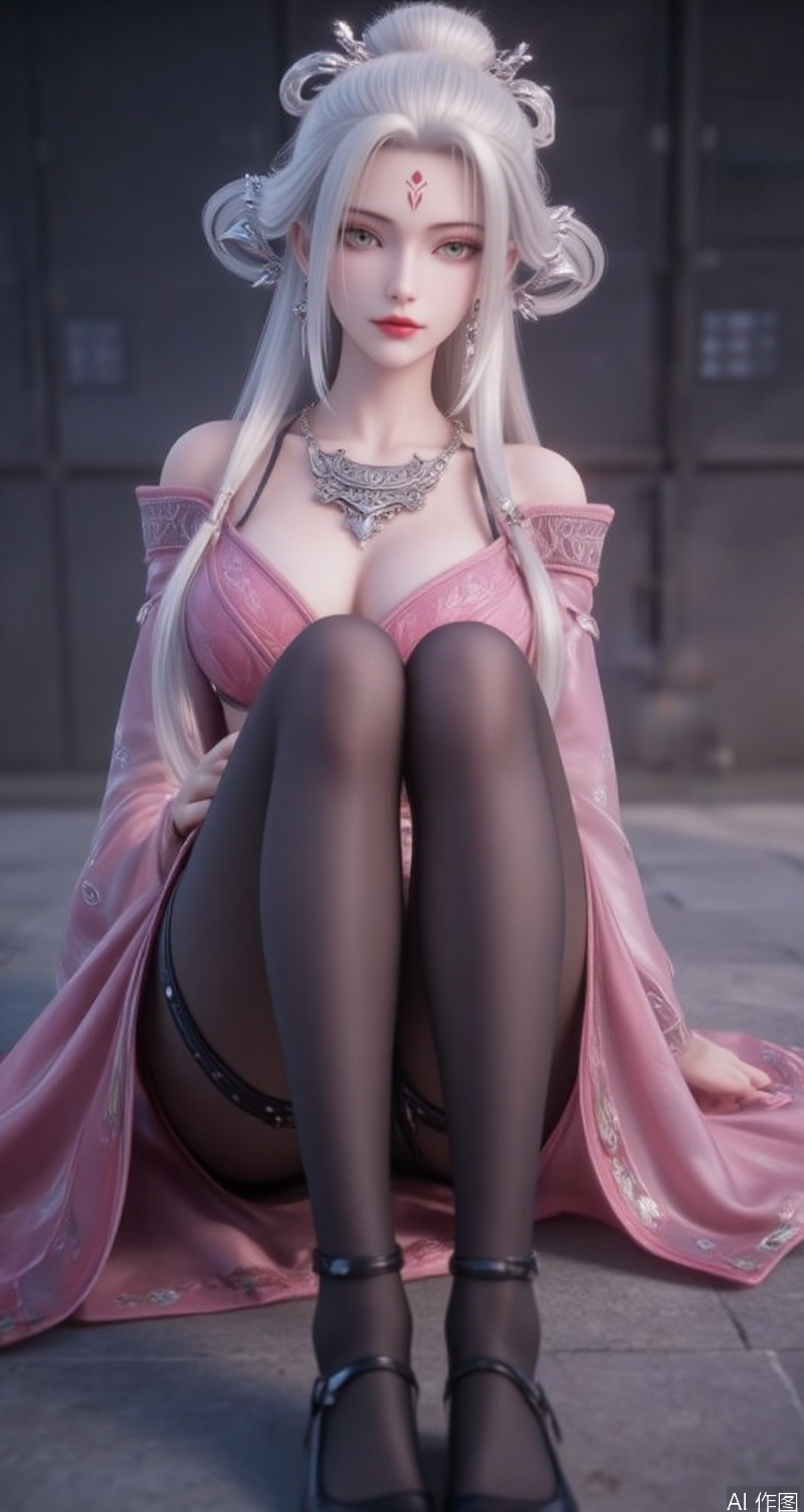 lvjing,baoshi,xiaobai,jewelry,earrings,white hair,long hair,green eyes,forehead mark,hair ornament,facial mark,red lips,1girl,breasts,pantyhose,sitting,black footwear,cleavage,large breasts,jewelry,earrings,solo,looking at viewer,dress,thighband pantyhose,forehead,high heels,collarbone,panties,underwear,locker,lips,panties under pantyhose,long sleeves,black pantyhose,pink dress,legs,knees together feet apart,indoors,cover,simple background,gradient_background,Close-up details,outstanding style,adding a touch of dimension to your images without compromising details,close-up,