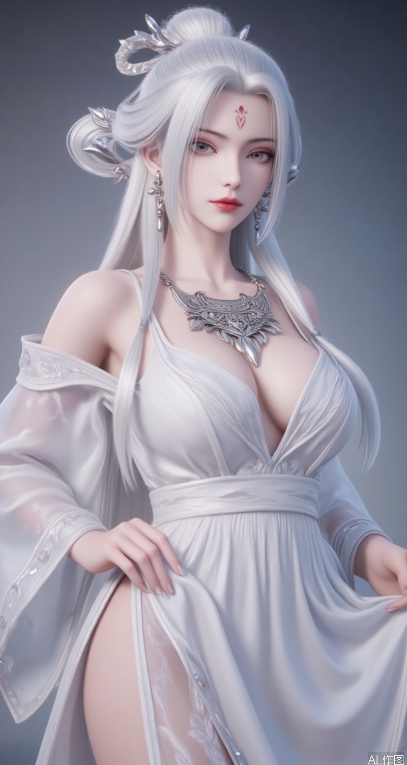lvjing,baoshi,xiaobai,ewelry,earrings,white hair,long hair,forehead mark,hair ornament,facial mark,red lips,1girl,breasts,jewelry,dress,earrings,solo,white dress,large breasts,looking at viewer,bare shoulders,closed mouth,collarbone,cleavage,sleeveless,cowboy shot,plunging neckline,sleeveless dress,lips,bare arms,sideboob,skirt hold,forehead,cover,simple background,gradient_background,Close-up details,outstanding style,adding a touch of dimension to your images without compromising details,close-up,