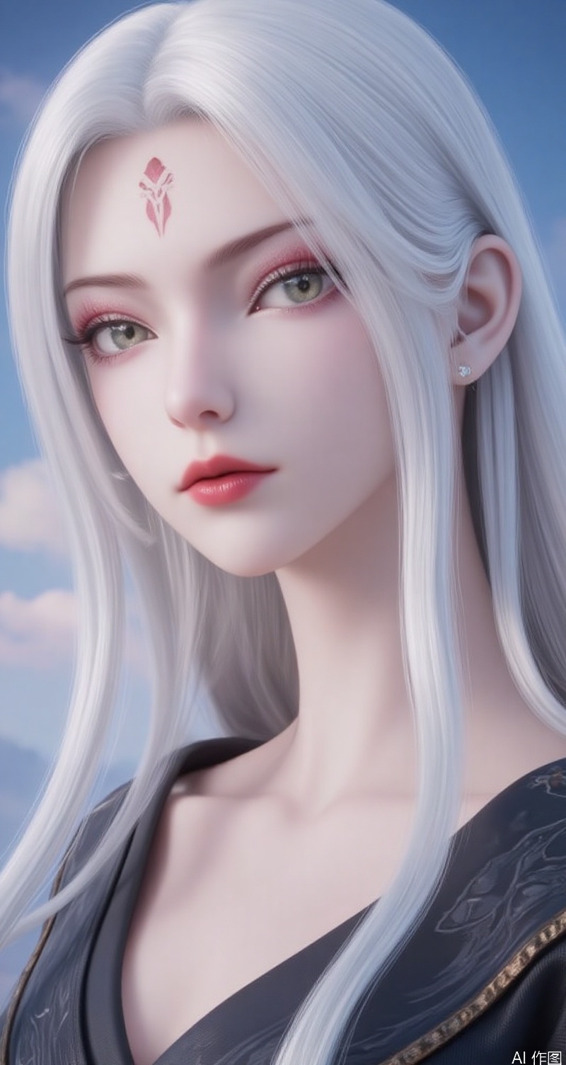 lvjing,baoshi,xiaobai,1girl,solo,long hair,green eyes,lips,white hair,looking at viewer,forehead mark,facial mark,portrait,red lips,sky,close-up,cover,japanese kimono,simple background,gradient_background,Close-up details,outstanding style,adding a touch of dimension to your images without compromising details,close-up,