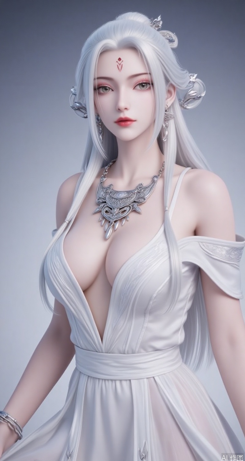 lvjing,baoshi,xiaobai,ewelry,earrings,white hair,long hair,forehead mark,hair ornament,facial mark,red lips,1girl,breasts,jewelry,dress,earrings,solo,white dress,large breasts,looking at viewer,bare shoulders,closed mouth,collarbone,cleavage,sleeveless,cowboy shot,plunging neckline,sleeveless dress,lips,bare arms,sideboob,skirt hold,forehead,cover,simple background,gradient_background,Close-up details,outstanding style,adding a touch of dimension to your images without compromising details,close-up,