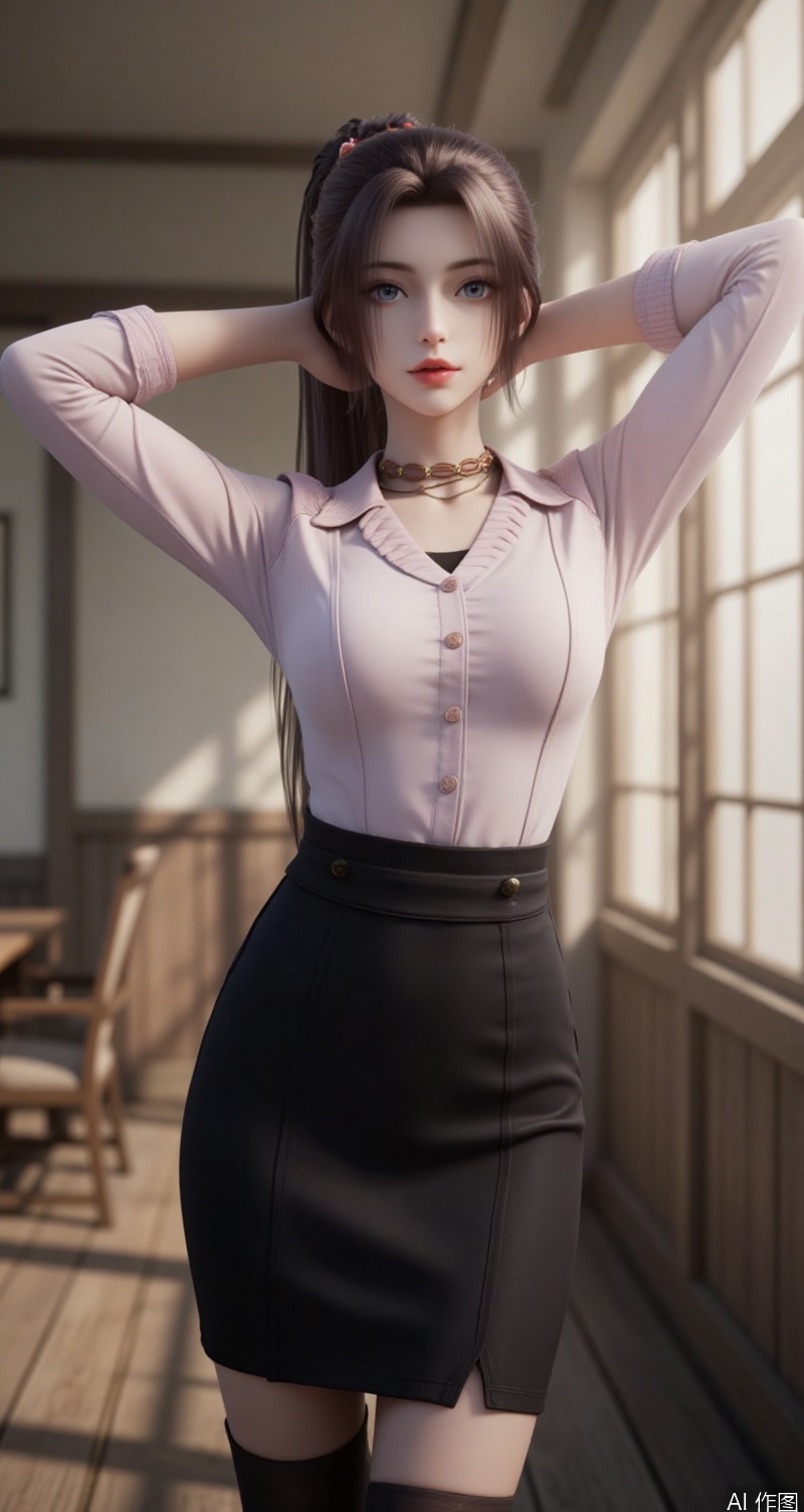 lvjing,baoshi,xiaohuan,1girl,solo,long hair,brown hair,ponytail,very long hair,1girl,solo,shirt,pencil skirt,skirt,white shirt,black skirt,looking at viewer,collared shirt,collar,thighhighs,long sleeves,arms up,arms behind head,choker,breasts,high-waist skirt,red lips,office lady,lips,standing,cowboy shot,indoors,buttons,black thighhighs,dress shirt,realistic,black choker,cover,simple background,gradient background,close-up details,outstanding style,adding a touch of dimension to your images without compromising details,close-up,