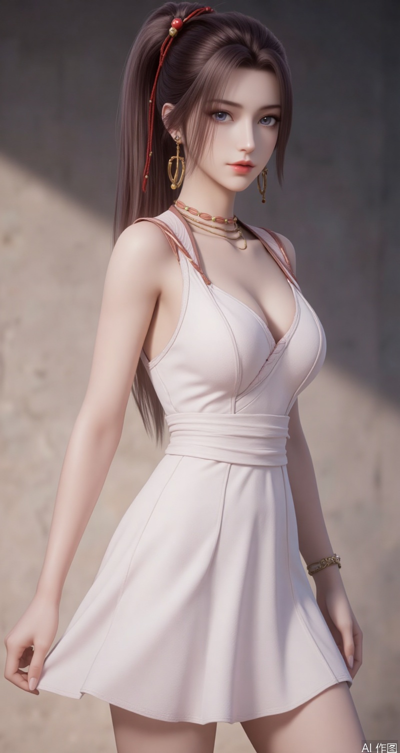 lvjing,baoshi,xiaohuan,1girl,solo,long hair,brown hair,ponytail,very long hair,1girl,breasts,jewelry,dress,earrings,solo,white dress,large breasts,looking at viewer,bare shoulders,closed mouth,collarbone,cleavage,sleeveless,cowboy shot,plunging neckline,sleeveless dress,lips,bare arms,sideboob,skirt hold,forehead,cover,simple background,gradient_background,Close-up details,outstanding style,adding a touch of dimension to your images without compromising details,close-up