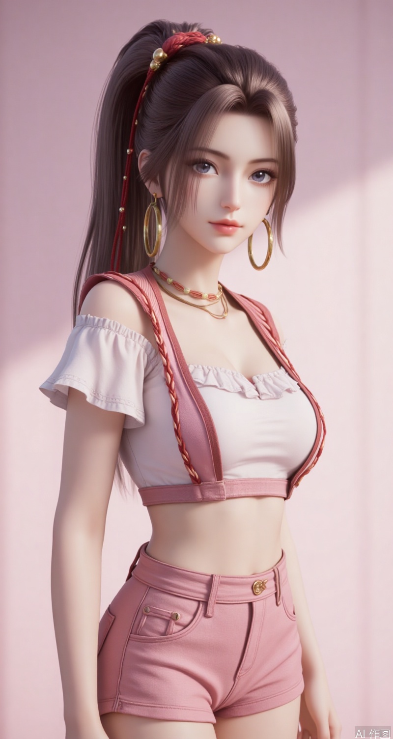 lvjing,baoshi,xiaohuan,1girl,solo,long hair,brown hair,ponytail,very long hair,1girl,jewelry,earrings,boa hancock,shorts,breasts,pink shorts,crop top,looking at viewer,frilled shirt,solo,bare shoulders,cowboy shot,lips,midriff,shirt,collarbone,navel,closed mouth,white shirt,standing,frills,high-waist shorts,off-shoulder shirt,hoop earrings,forehead,short sleeves,head tilt,realistic,contrapposto,cover,simple background,gradient_background,Close-up details,outstanding style,adding a touch of dimension to your images without compromising details,close-up