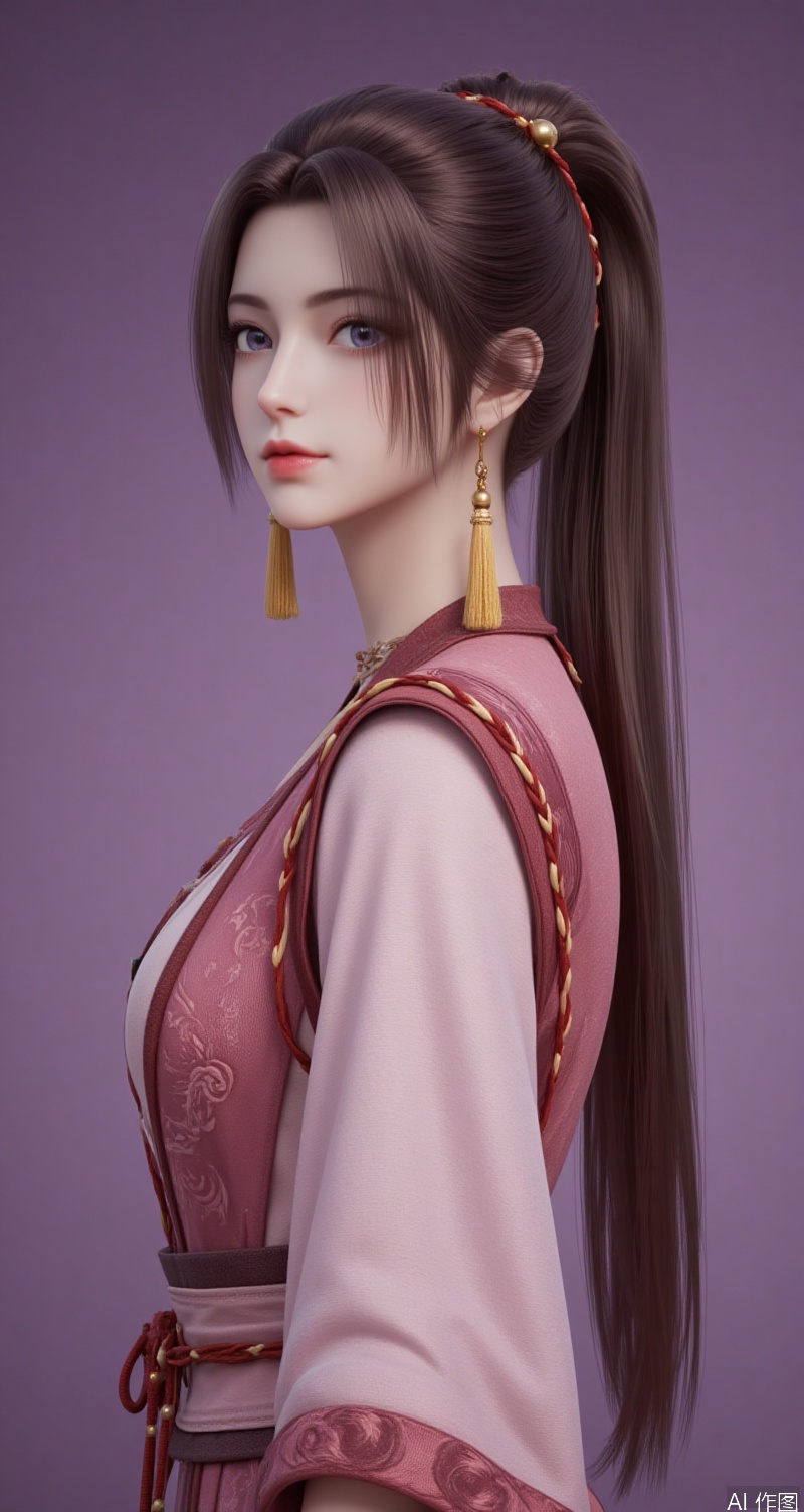 lvjing,baoshi,xiaohuan,1girl,solo,long hair,brown hair,ponytail,very long hair,boots,1girl,jewelry,earrings,solo,looking at viewer,dress,tassel,simple background,purple background,upper body,from side,tassel earrings,chinese clothes,forehead,lips,breasts,eyelashes,parted bangs,cover,simple background,gradient_background,Close-up details,outstanding style,adding a touch of dimension to your images without compromising details,close-up,
