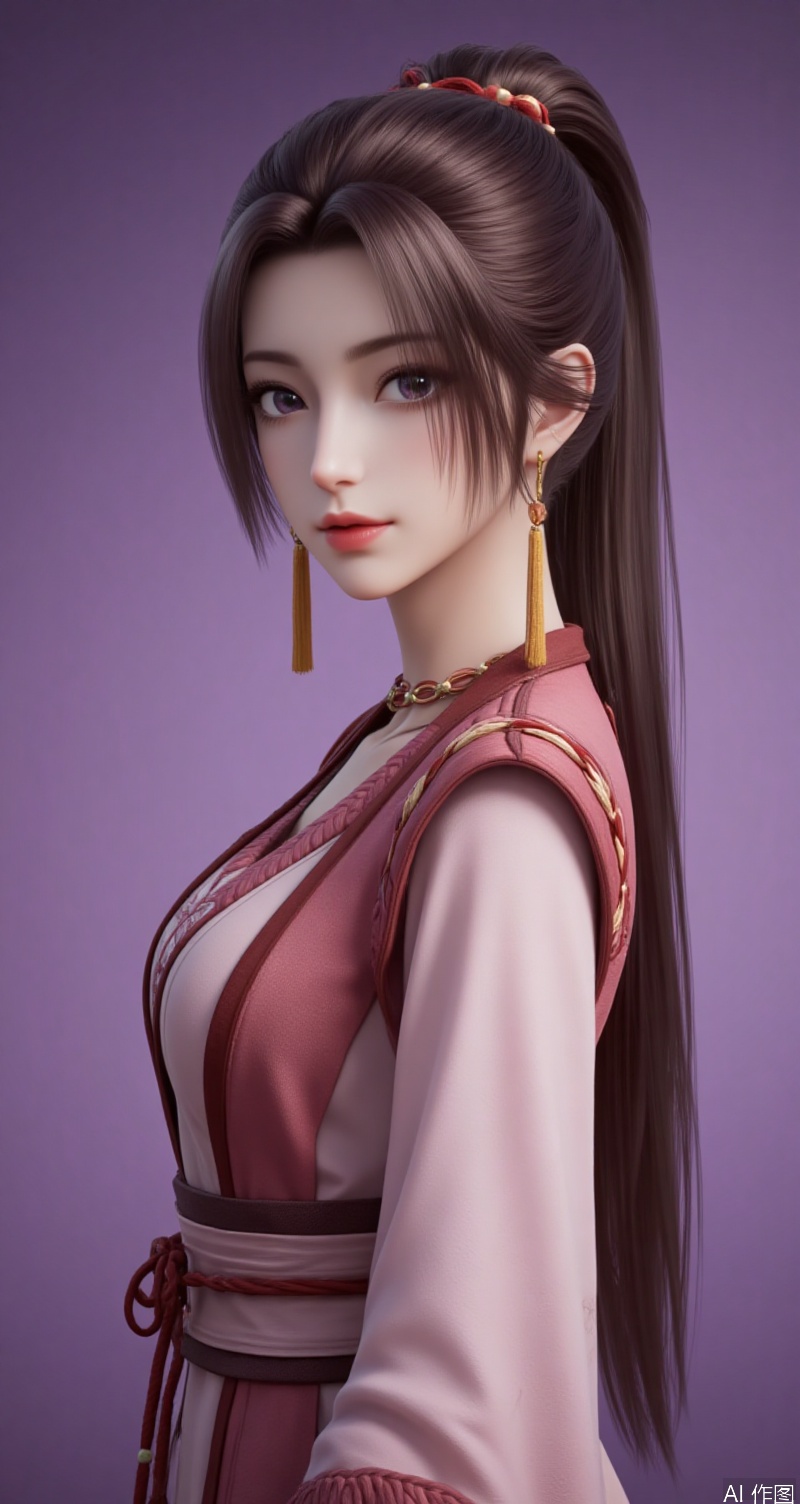 lvjing,baoshi,xiaohuan,1girl,solo,long hair,brown hair,ponytail,very long hair,boots,1girl,jewelry,earrings,solo,looking at viewer,dress,tassel,simple background,purple background,upper body,from side,tassel earrings,chinese clothes,forehead,lips,breasts,eyelashes,parted bangs,cover,simple background,gradient_background,Close-up details,outstanding style,adding a touch of dimension to your images without compromising details,close-up,