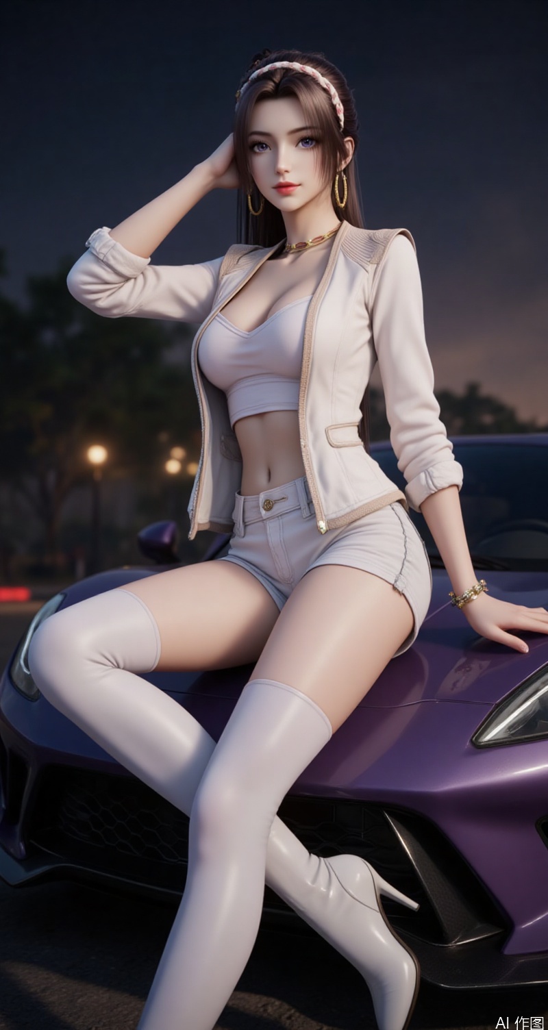 lvjing,baoshi,xiaohuan,1girl,solo,long hair,brown hair,ponytail,very long hair,1girl,breasts,solo,thigh boots,shorts,boots,car,high heel boots,motor vehicle,high heels,jewelry,navel,jacket,earrings,white shorts,thighhighs,white jacket,looking at viewer,hairband,ground vehicle,short shorts,open clothes,white footwear,open jacket,off shoulder,cleavage,strapless,large breasts,sitting,bare shoulders,midriff,stomach,tube top,white thighhighs,bandeau,thighs,hand on own chest,crop top,hoop earrings,forehead,sports car,outdoors,lips,long sleeves,blurry,collarbone,smile,closed mouth,night,arm support,blurry background,race queen,cover,simple background,gradient_background,Close-up details,outstanding style,adding a touch of dimension to your images without compromising details,close-up,