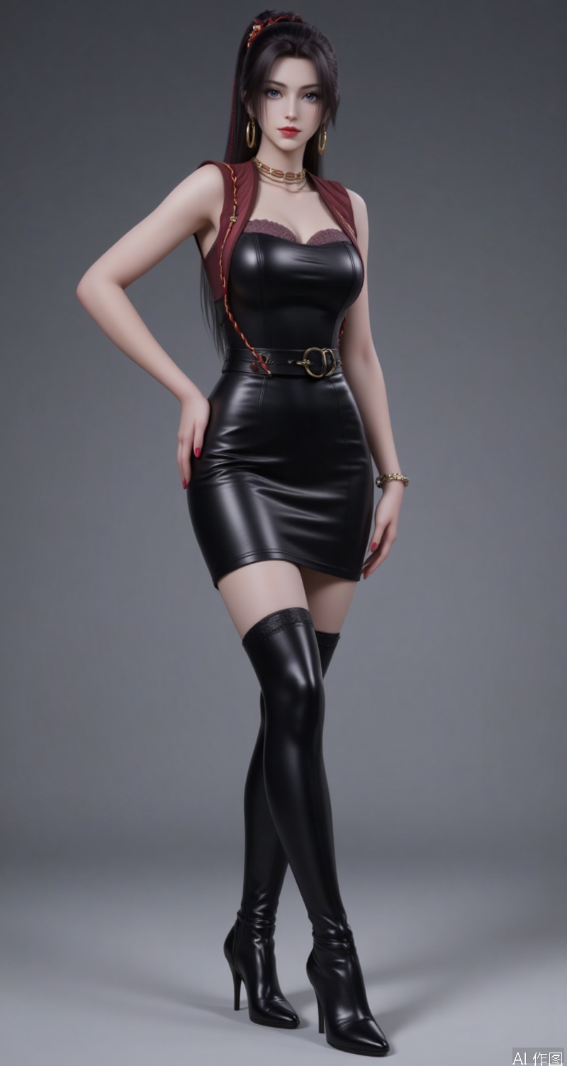 lvjing,baoshi,xiaohuan,1girl,solo,dress,earrings,jewelry,boots,hand on own hip,thigh boots,full body,black footwear,latex,black dress,detached sleeves,bare shoulders,strapless,short dress,thighhighs,shiny clothes,looking at viewer,strapless dress,standing,hoop earrings,breasts,red lips,nail polish,high heels,leather,pencil dress,high heel boots,3,cover,simple background,gradient background,close-up details,outstanding style,adding a touch of dimension to your images without compromising details,close-up,long legs, cover,simple background,gradient background,close-up details,outstanding style,adding a touch of dimension to your images without compromising details,close-up,long legs