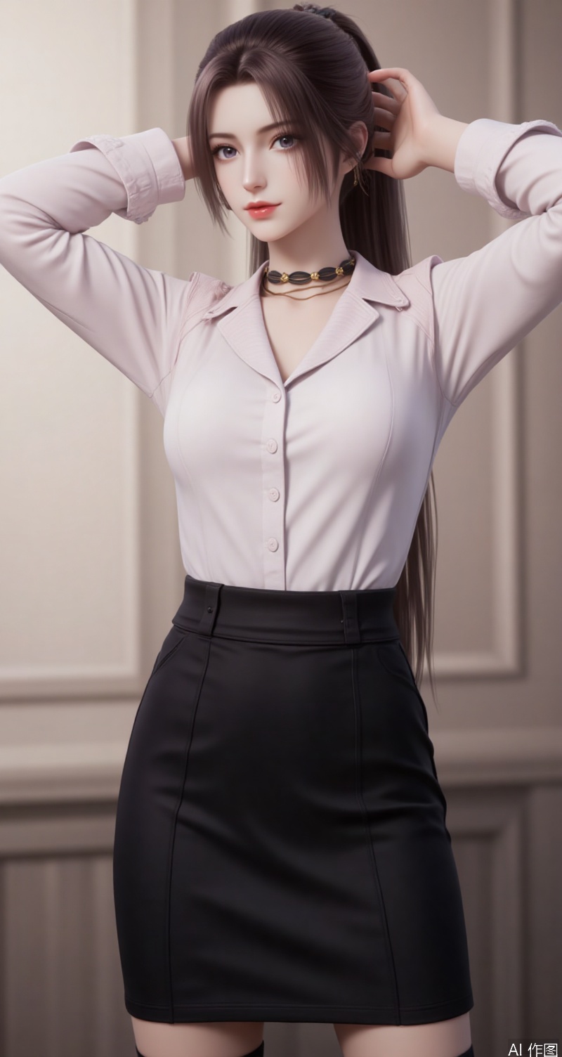 lvjing,baoshi,xiaohuan,1girl,solo,long hair,brown hair,ponytail,very long hair,1girl,solo,shirt,pencil skirt,skirt,white shirt,black skirt,looking at viewer,collared shirt,collar,thighhighs,long sleeves,arms up,arms behind head,choker,breasts,high-waist skirt,red lips,office lady,lips,standing,cowboy shot,indoors,buttons,black thighhighs,dress shirt,realistic,black choker,cover,simple background,gradient background,close-up details,outstanding style,adding a touch of dimension to your images without compromising details,close-up,