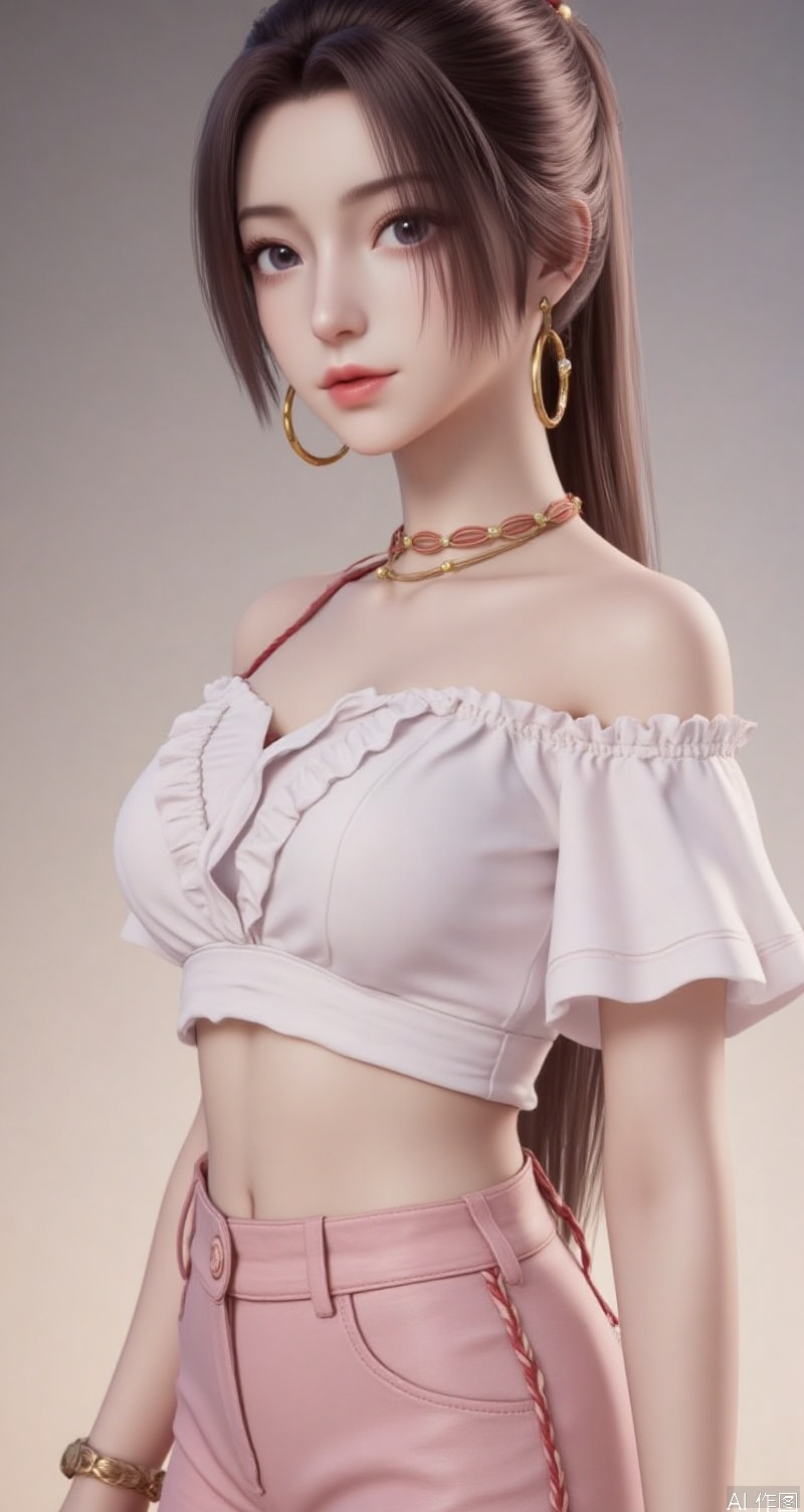 lvjing,baoshi,xiaohuan,1girl,solo,long hair,brown hair,ponytail,very long hair,1girl,jewelry,earrings,boa hancock,shorts,breasts,pink shorts,crop top,looking at viewer,frilled shirt,solo,bare shoulders,cowboy shot,lips,midriff,shirt,collarbone,navel,closed mouth,white shirt,standing,frills,high-waist shorts,off-shoulder shirt,hoop earrings,forehead,short sleeves,head tilt,realistic,contrapposto,cover,simple background,gradient_background,Close-up details,outstanding style,adding a touch of dimension to your images without compromising details,close-up