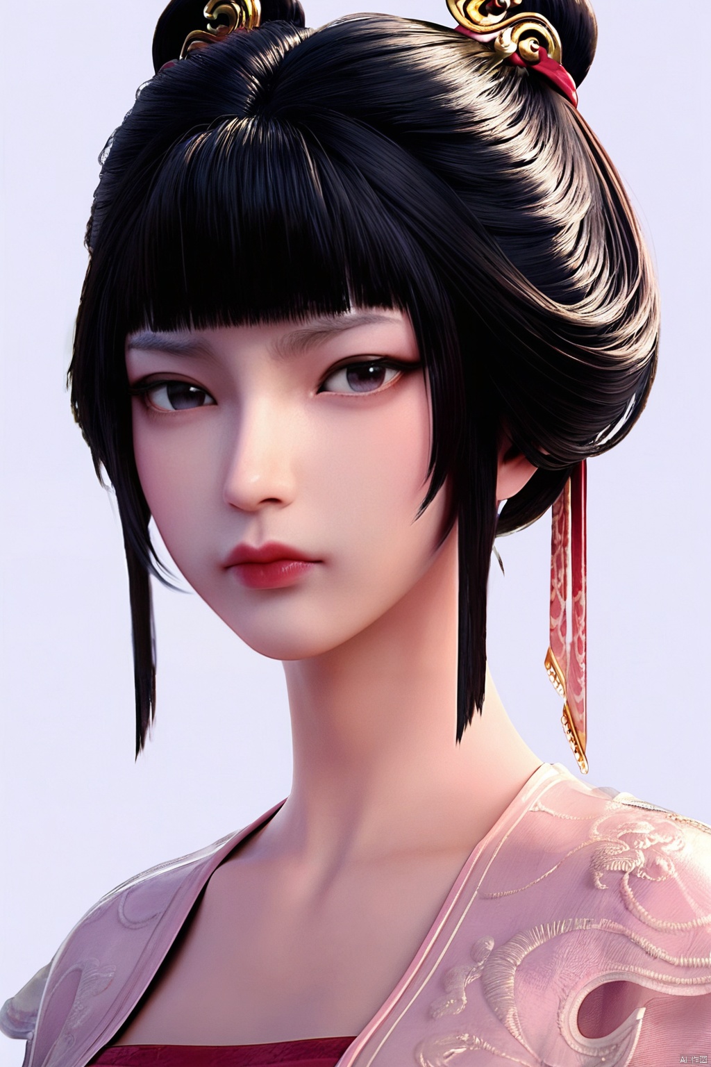 score_9,score_8_up,score_7_up,ZhiGui, 1girl, solo, bangs, simple background, black hair, hair ornament, white background, closed mouth, upper body, blunt bangs, black eyes, lips, chinese clothes, realistic, hanfu
