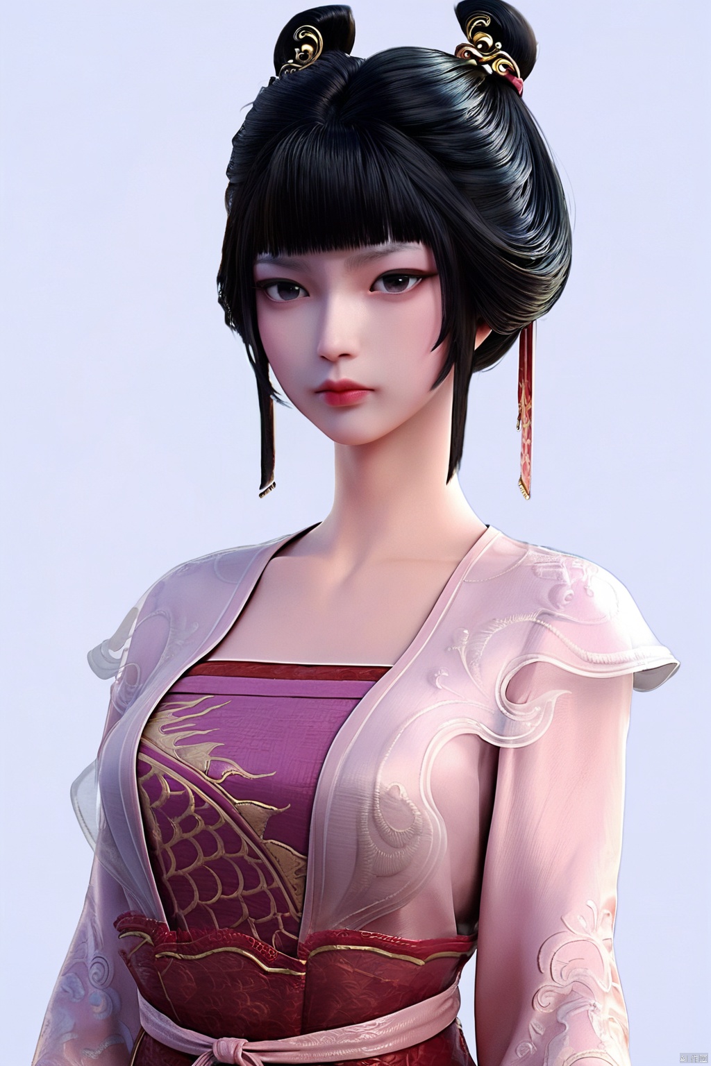 score_9,score_8_up,score_7_up,ZhiGui, 1girl, solo, bangs, simple background, black hair, hair ornament, white background, closed mouth, upper body, blunt bangs, black eyes, lips, chinese clothes, realistic, hanfu
