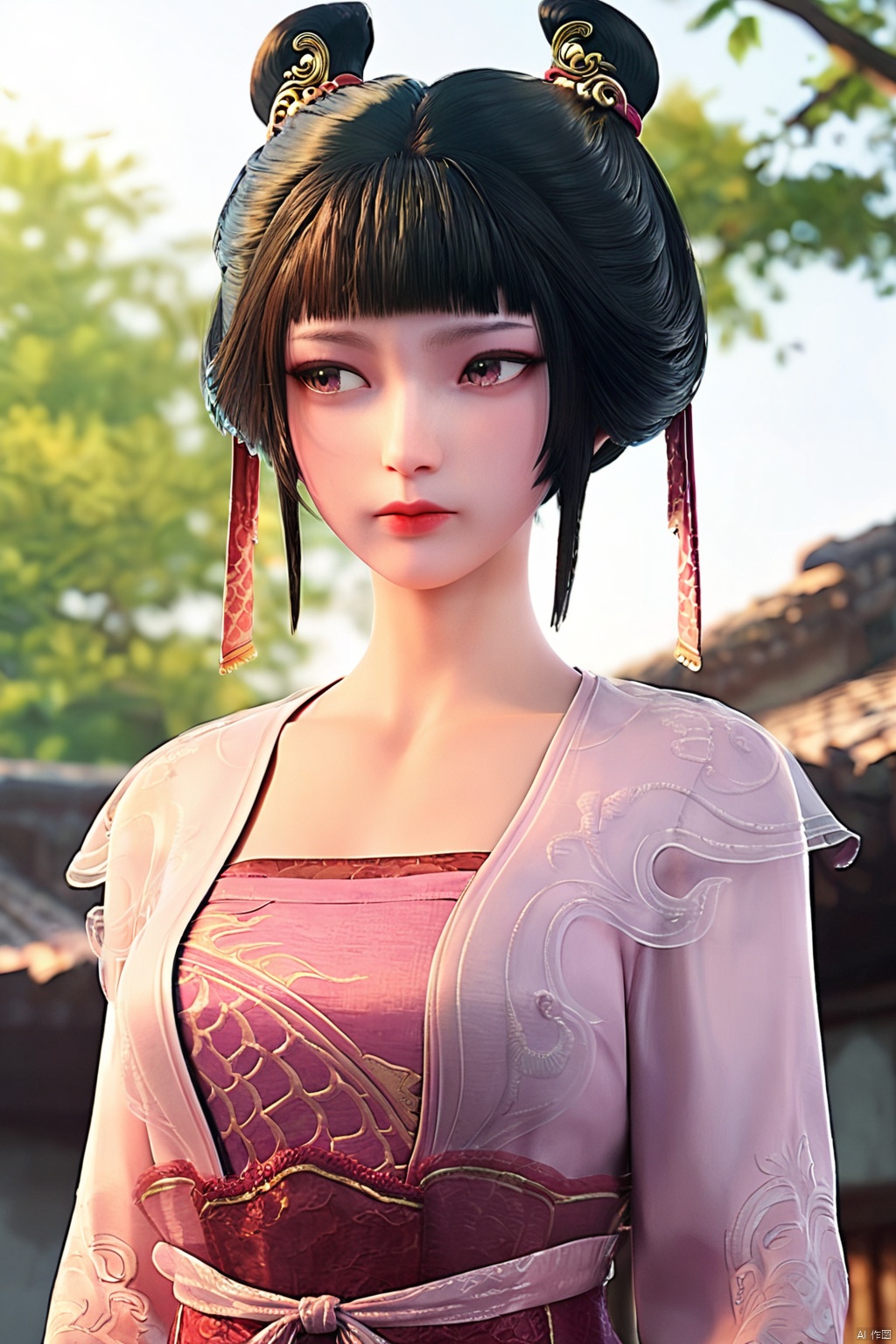 score_9,score_8_up,score_7_up,ZhiGui,1girl, solo, bangs, black hair, hair ornament, long sleeves, dress, upper body, outdoors, day, blunt bangs, tree, looking to the side, chinese clothes, architecture, hanfu