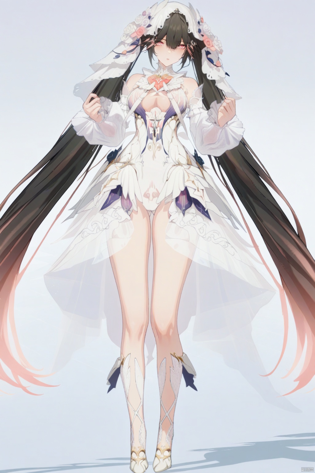 masterpiece,best quality,amazing quality,very aesthetic,absurdres,newest,lucia,
1girl, solo, long hair, breasts, looking at viewer, bangs, black hair, hair ornament, dress, twintails, very long hair, standing, full body, flower, detached sleeves, white dress, official alternate costume, see-through, white footwear, veil, stairs, wedding dress, bridal veil