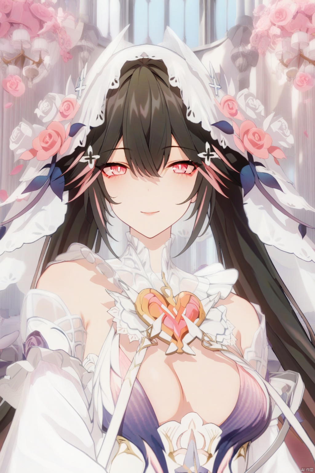 masterpiece,best quality,amazing quality,very aesthetic,absurdres,newest,lucia,
1girl, solo, long hair, breasts, looking at viewer, bangs, black hair, hair ornament, dress, cleavage, hair between eyes, pink eyes, white dress, rose, veil, pink flower, wedding dress,bridal veil, pink rose,smile,upper_body,close up,
